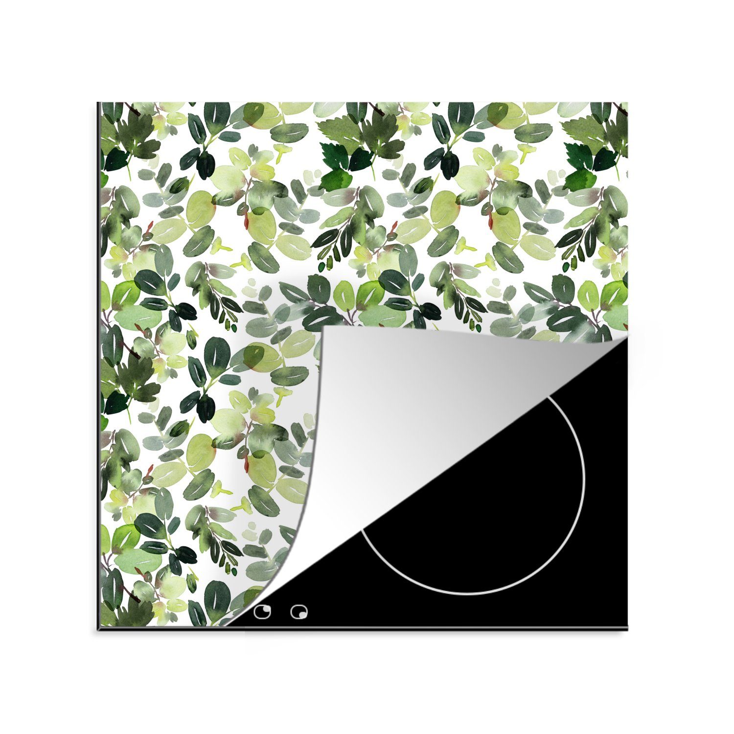 MuchoWow Herdblende-/Abdeckplatte Pflanzen - Aquarell - Grün, Vinyl, (1 tlg), 78x78 cm, Ceranfeldabdeckung, Arbeitsplatte für küche