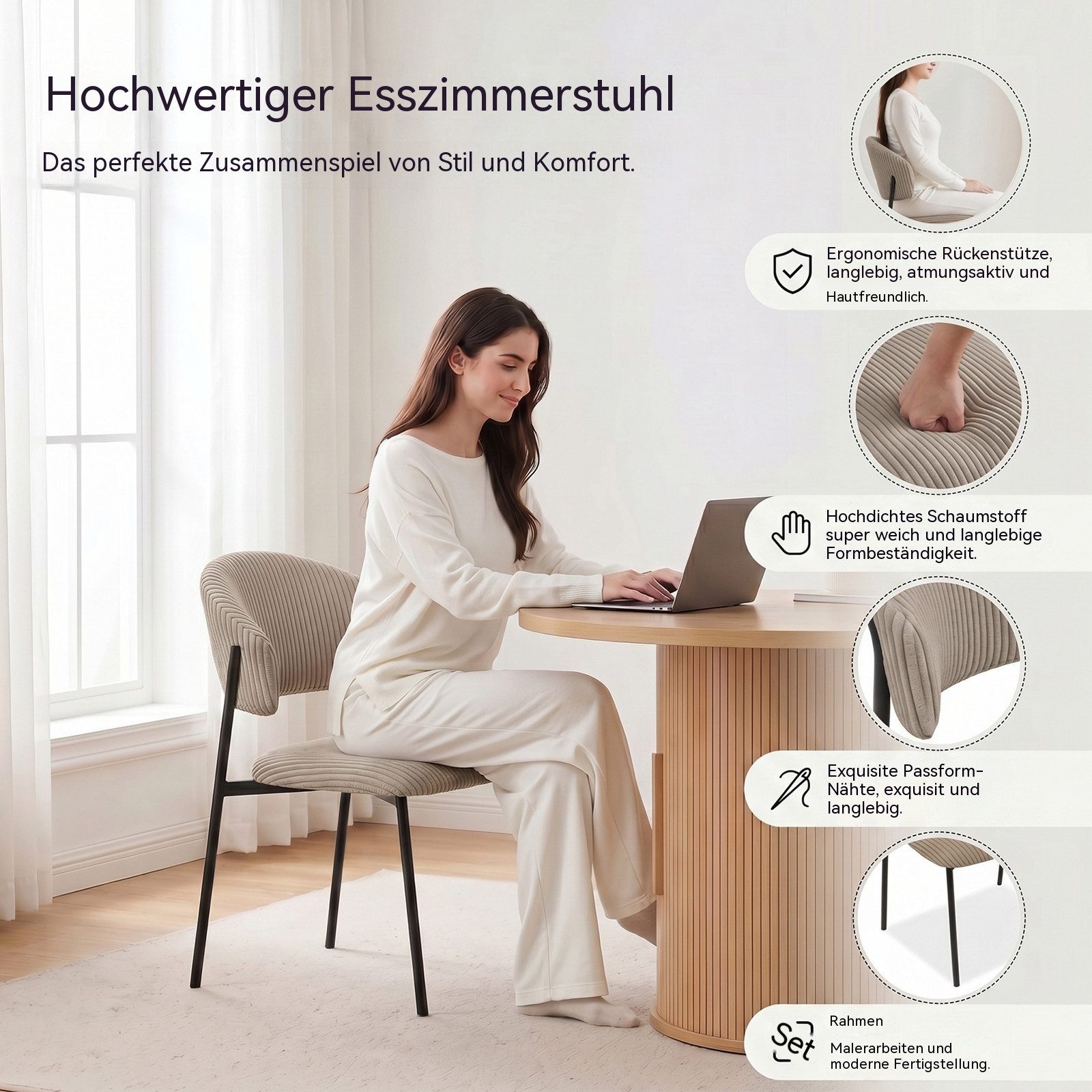 Jiexi Esszimmerstuhl Modernes Esszimmerstuhl-Set in Cord-Optik, bequem & stabil – Bild 4 von 5