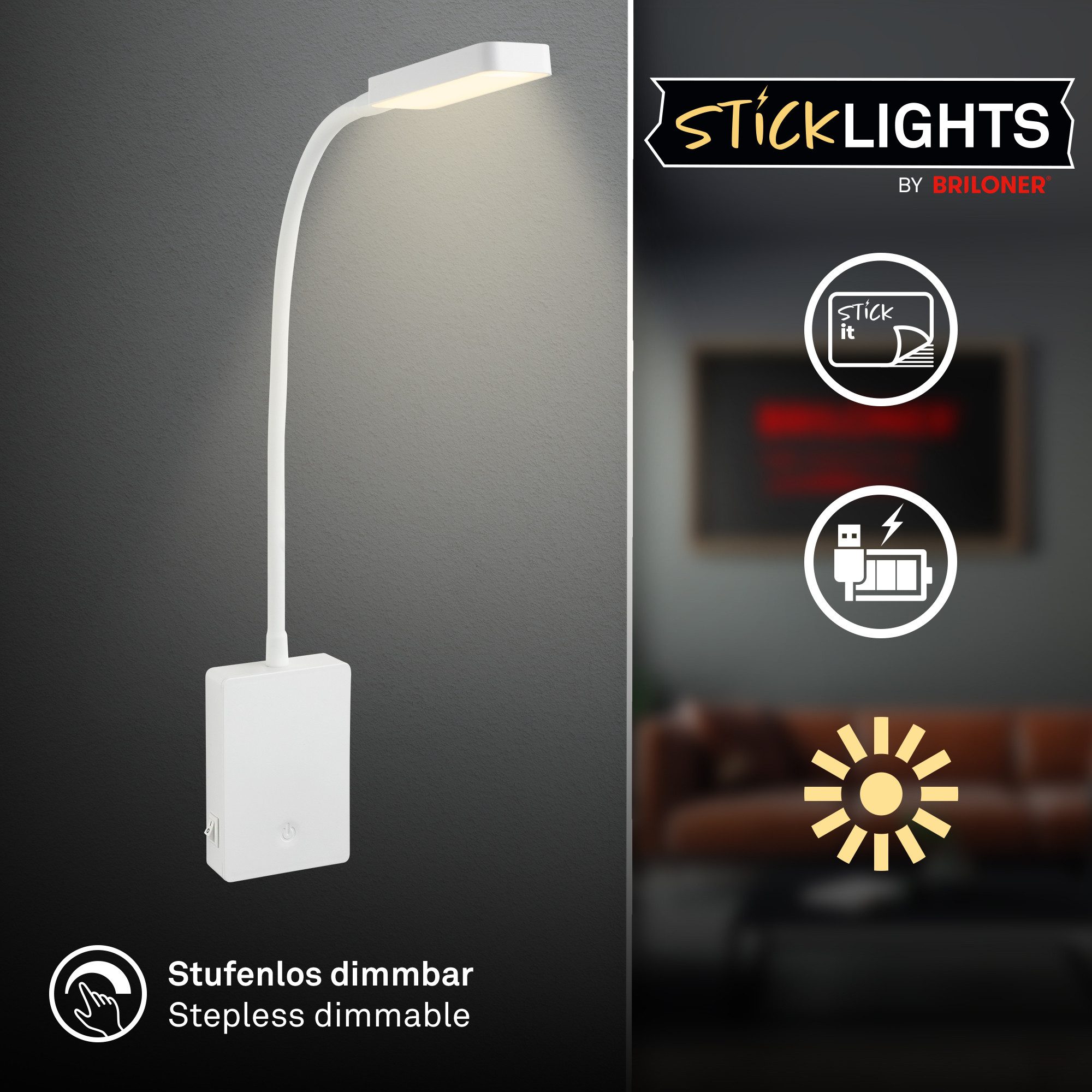 Briloner Leuchten Wandleuchte LED Akku Nachttischlampe zum Kleben Touch USB-C dimmbar, LED fest integriert, Ohne Bohren Bettlampe 7,5x3x56 cm Beige Schwarz Weiß 2W Schlafzimmer