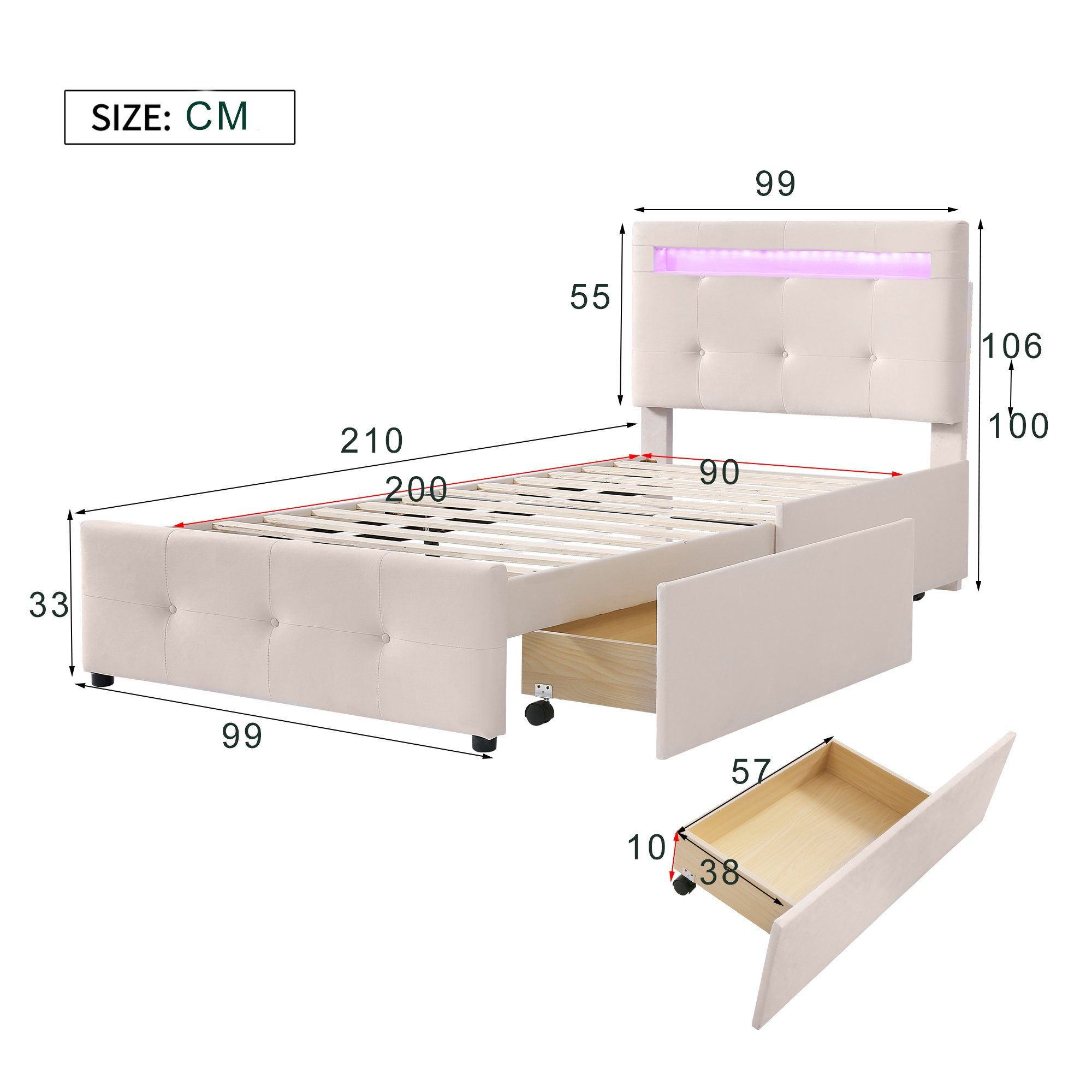 Odikalo Stauraumbett Polsterbett Kinderbett 16LED 2 Schubladen Beige/Grau/R günstig online kaufen
