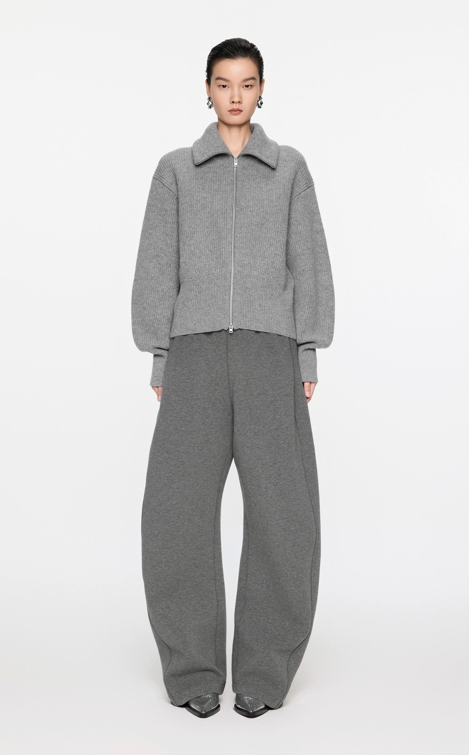 JNBY Strickjacke Grauer Strick-Cardigan mit Zipper & Kragen – Modern & Elegant