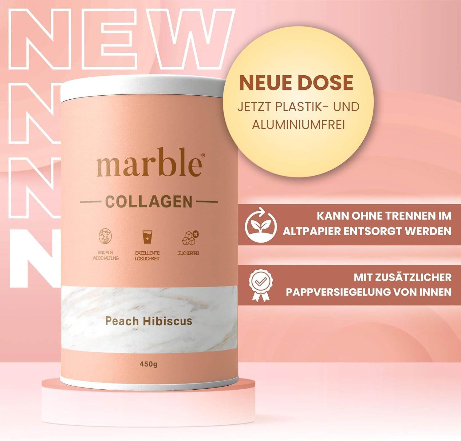 Marble Kollagen Pulver Pfirsich Hibiskus 450g – Typ I, II & III, ohne Zucker Pulver, 1 er Packung à 1 St., 450 g, Pappdose ohne Plastik, Umweltschonend
