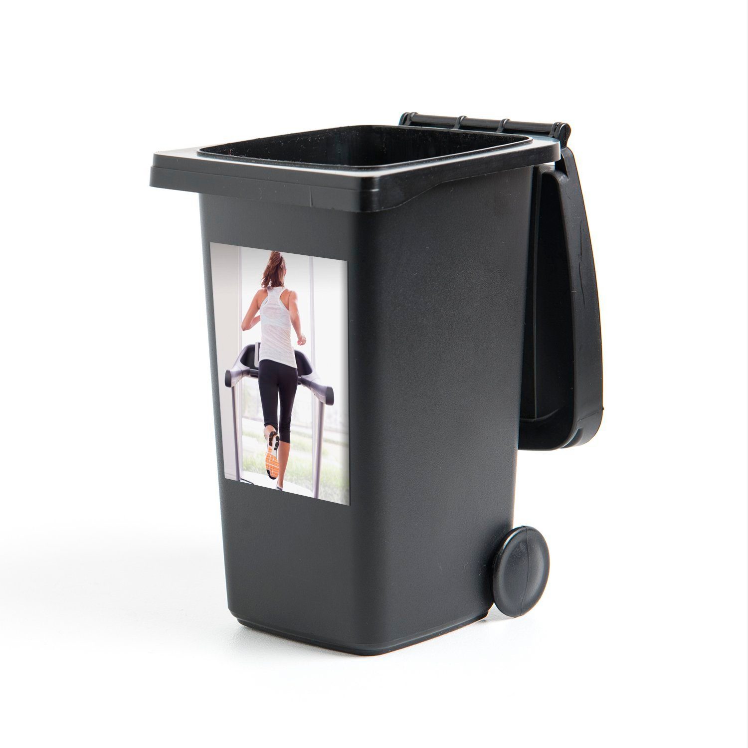 Eine (1 Sticker, Laufband Mülltonne, Mülleimer-aufkleber, St), macht auf Fitness MuchoWow Abfalbehälter Wandsticker Frau einem Container,