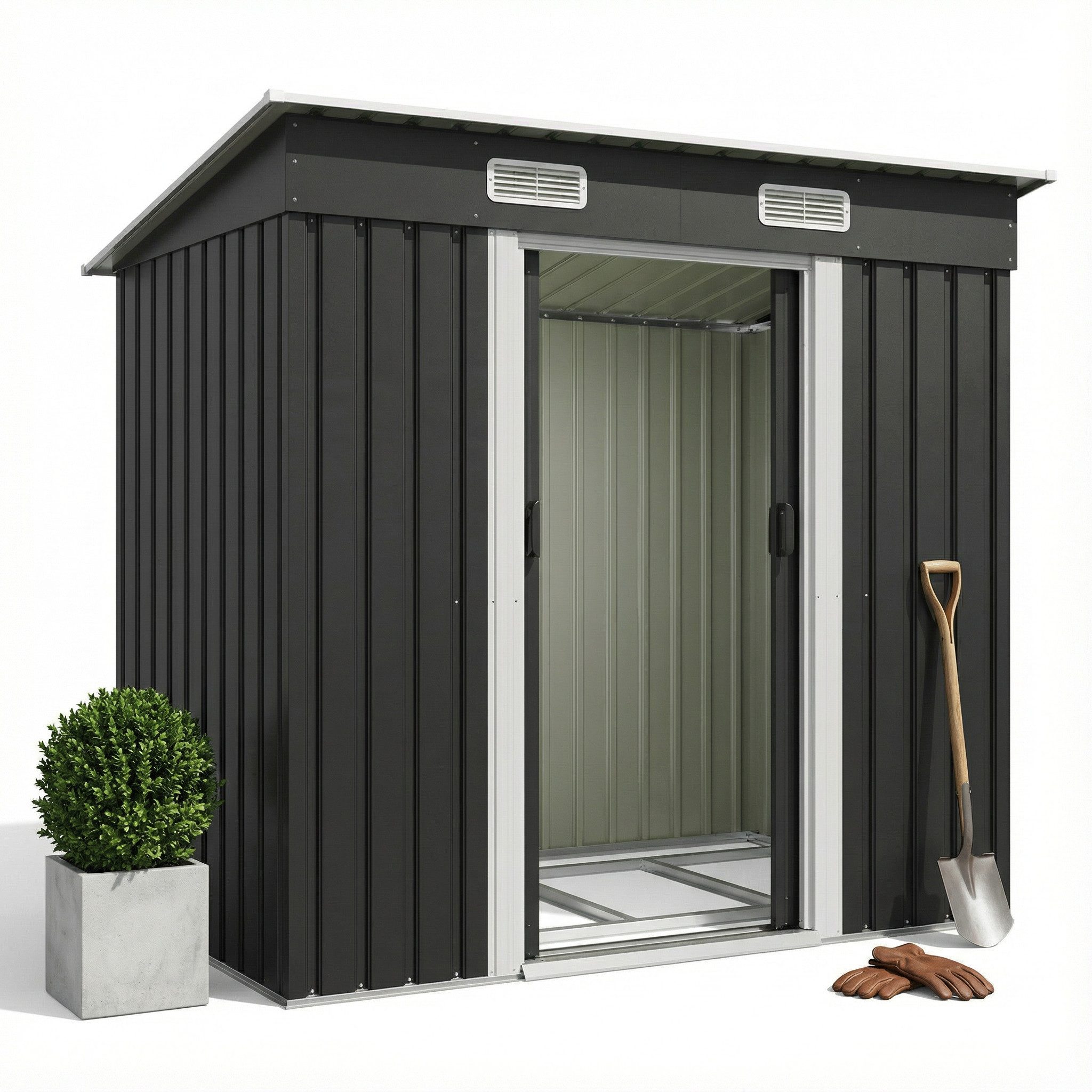 GUNJI Gerätehaus Metall Geräteschuppen Inkl. Stahlfundament, Gartenhaus mit Pultdach, M: 1,8m x 1,1m, L: 2.3m x 2m, XL: 2.4m x 3m, Doppelschiebetür