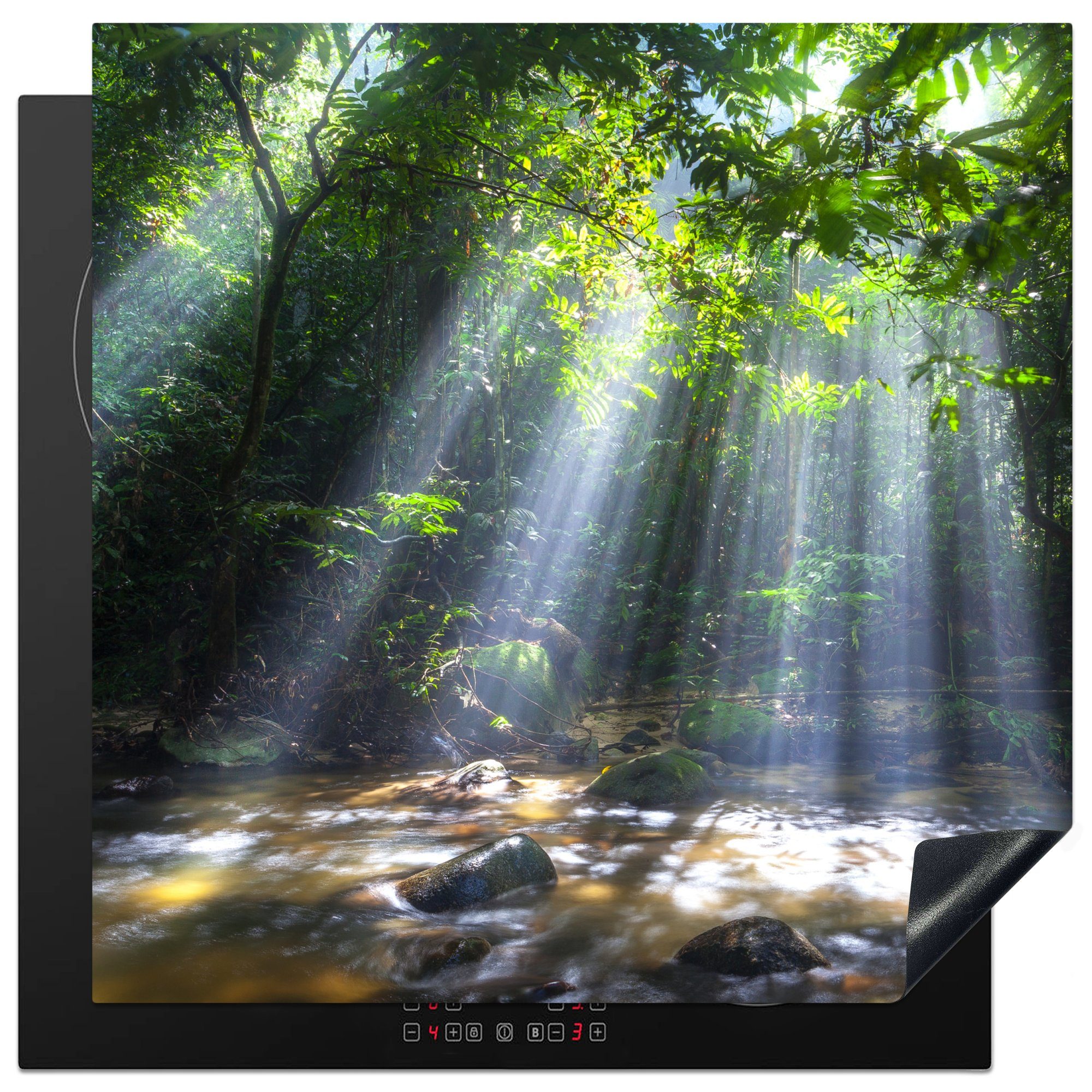 (1 leuchten Vinyl, Sonnenstrahlen Arbeitsplatte 78x78 küche Ceranfeldabdeckung, tlg), MuchoWow cm, für Herdblende-/Abdeckplatte Regenwald, in Malaysias