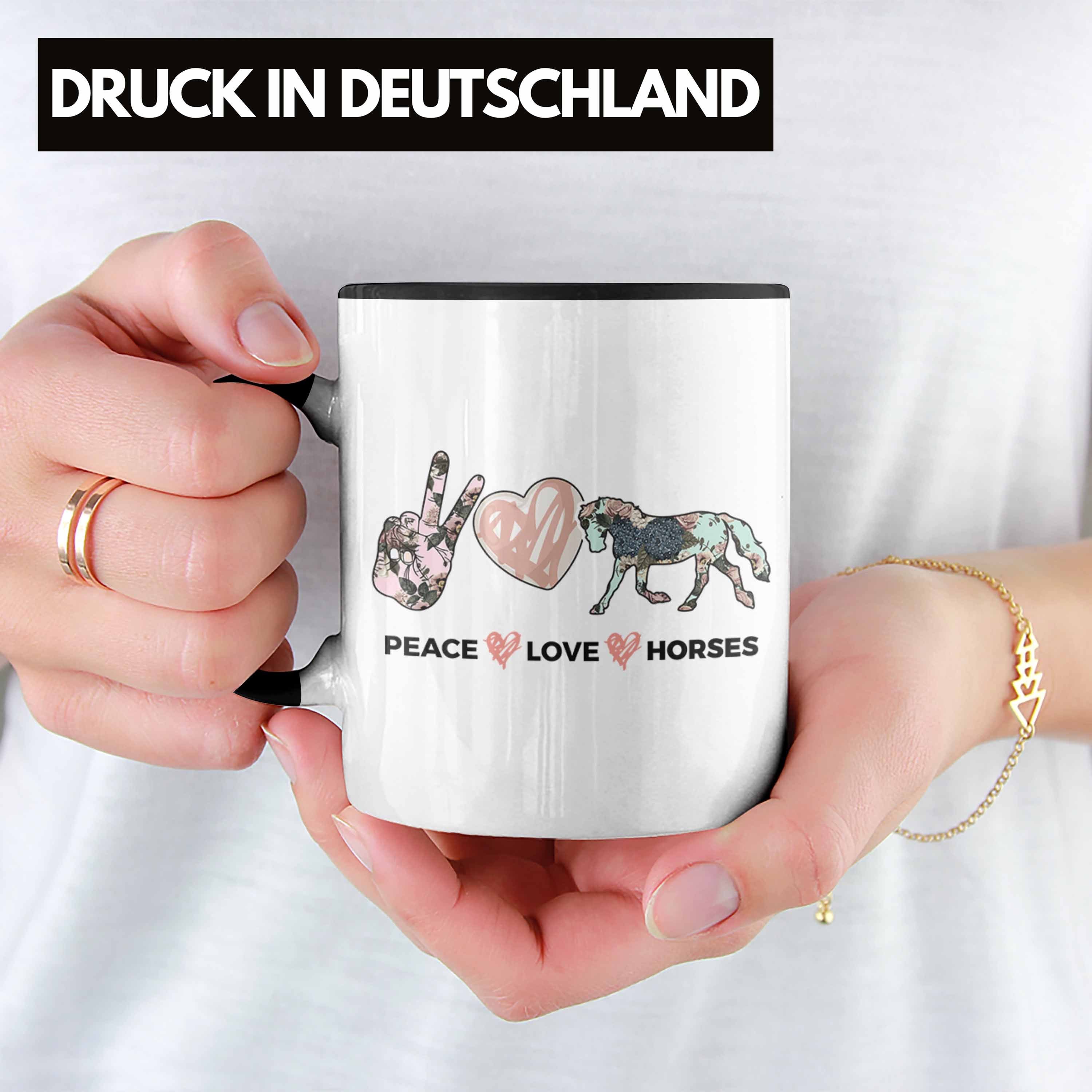 Trendation Tasse Mädchen Trendation Schwarz Tasse Lustig - Peace Geschenke Reiterin Pferde Love Geschenk Horses, Pferdeliebhaber Pferde keramik