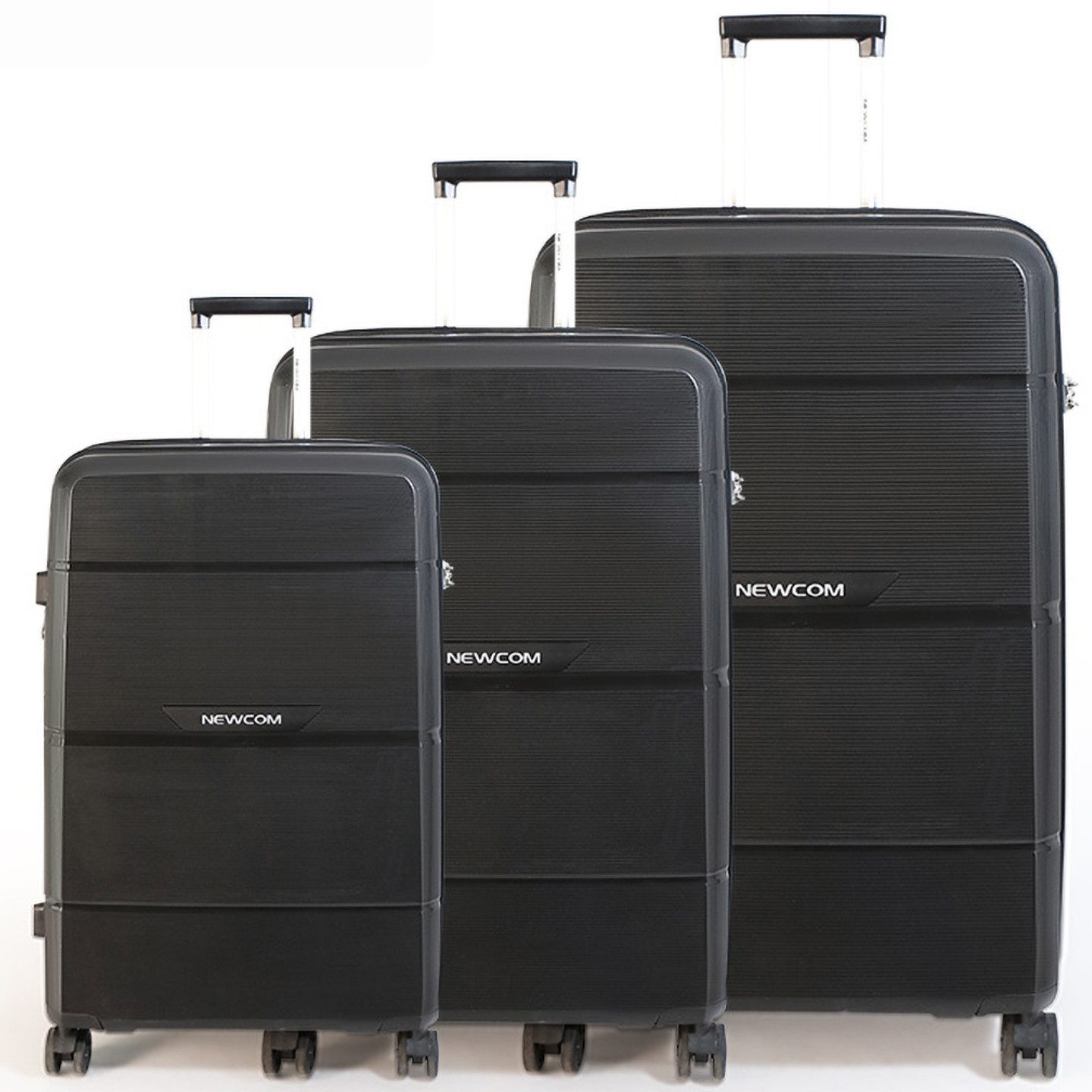 NEWCOM Trolleyset Hartschalenkoffer Set M/L/XL aus PP-Polypropylen, Erweiterbar, TSA, 4 Rollen, (Schwarz SET, 3 tlg., 55cm/66cm/75cm), leichter & robuster Reisekoffer Set, 54L/87L/129L