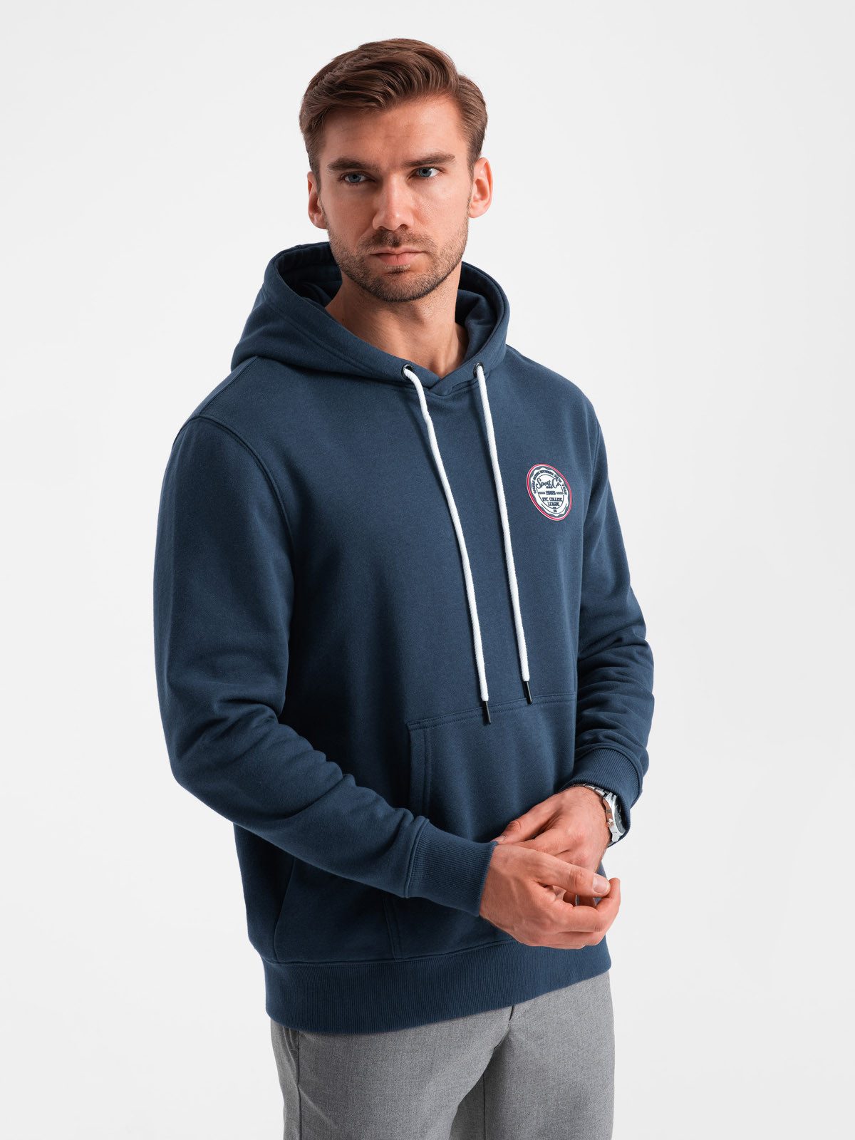 Kapuzenshirt Herren-Känguru-Sweatshirt mit Kapuze und Aufnäher im College-Stil