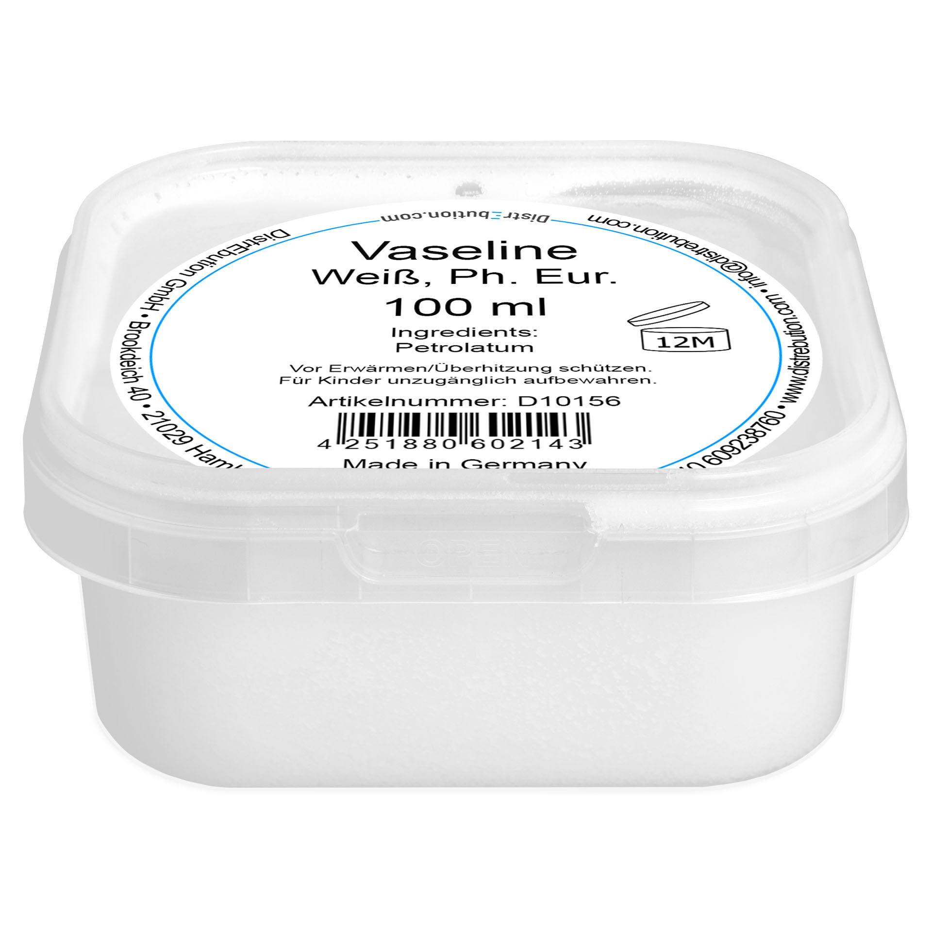 DistrEbution Fußpflegecreme Vaseline weiß, Parfümfrei, Ph. Eur. Körperpflege, Petroleum Jelly, für Hautpflege, Kosmetik & Tattoo, geruchlos