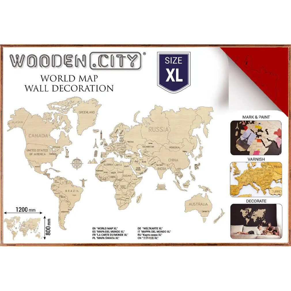 Wooden City Puzzle Weltkarte aus Holz Größe XL (120x80cm) Rot, Puzzleteile