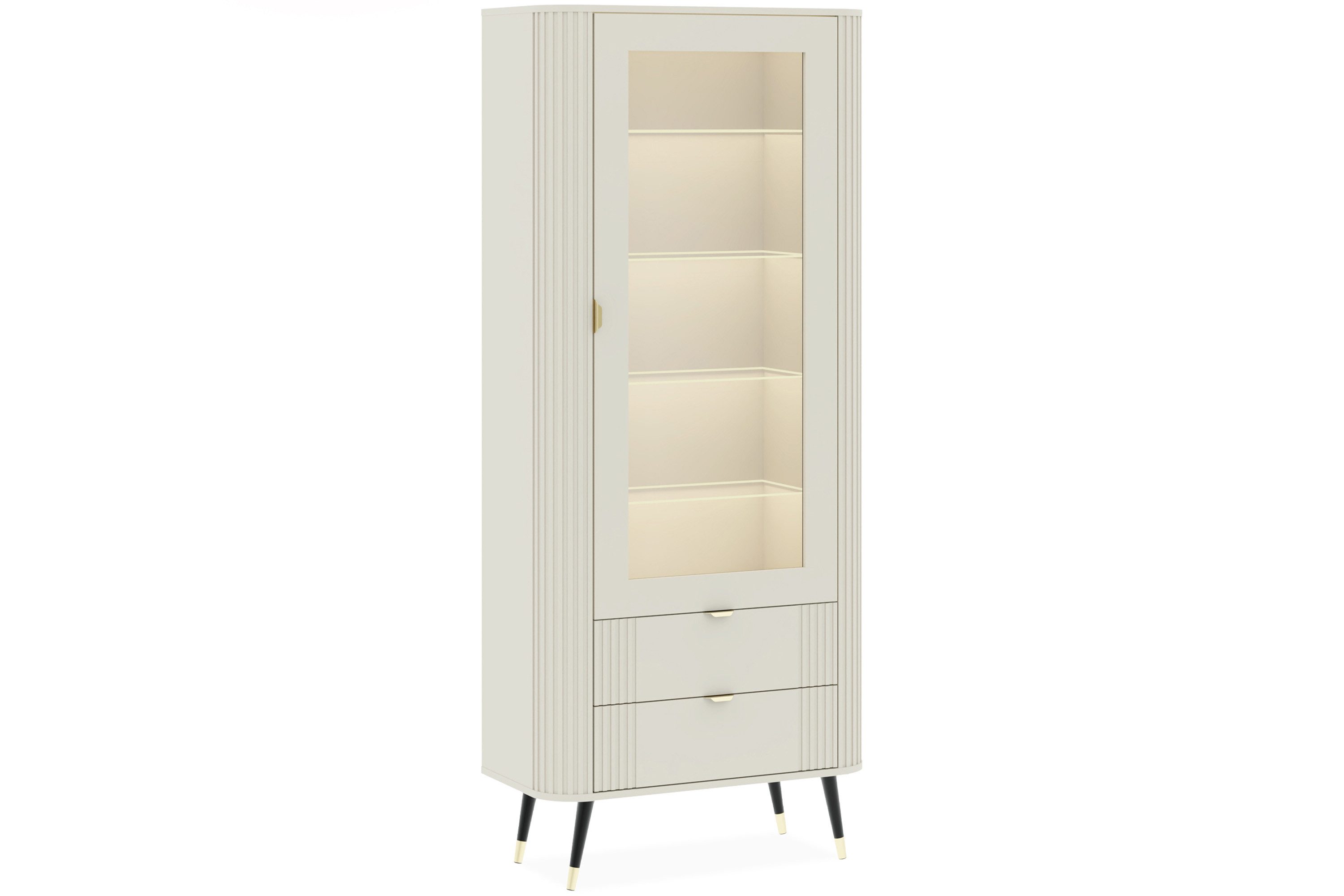 KONSIMO® Standvitrine PURA Glasvitrine, Beleuchtung im Set, hergestellt in der EU 4 Glasböden, zwei Schubladen, dekorative Rillen
