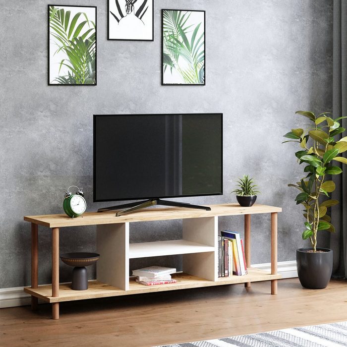 en.casa TV-Schrank »Ærøskøbing« TV Board 43 x 120 x 29 cm Fernsehtisch mit 2 Ablagefächern Lowboard mit 2 Staufächern TV Möbel Fernsehschrank Holzoptik / Weiß