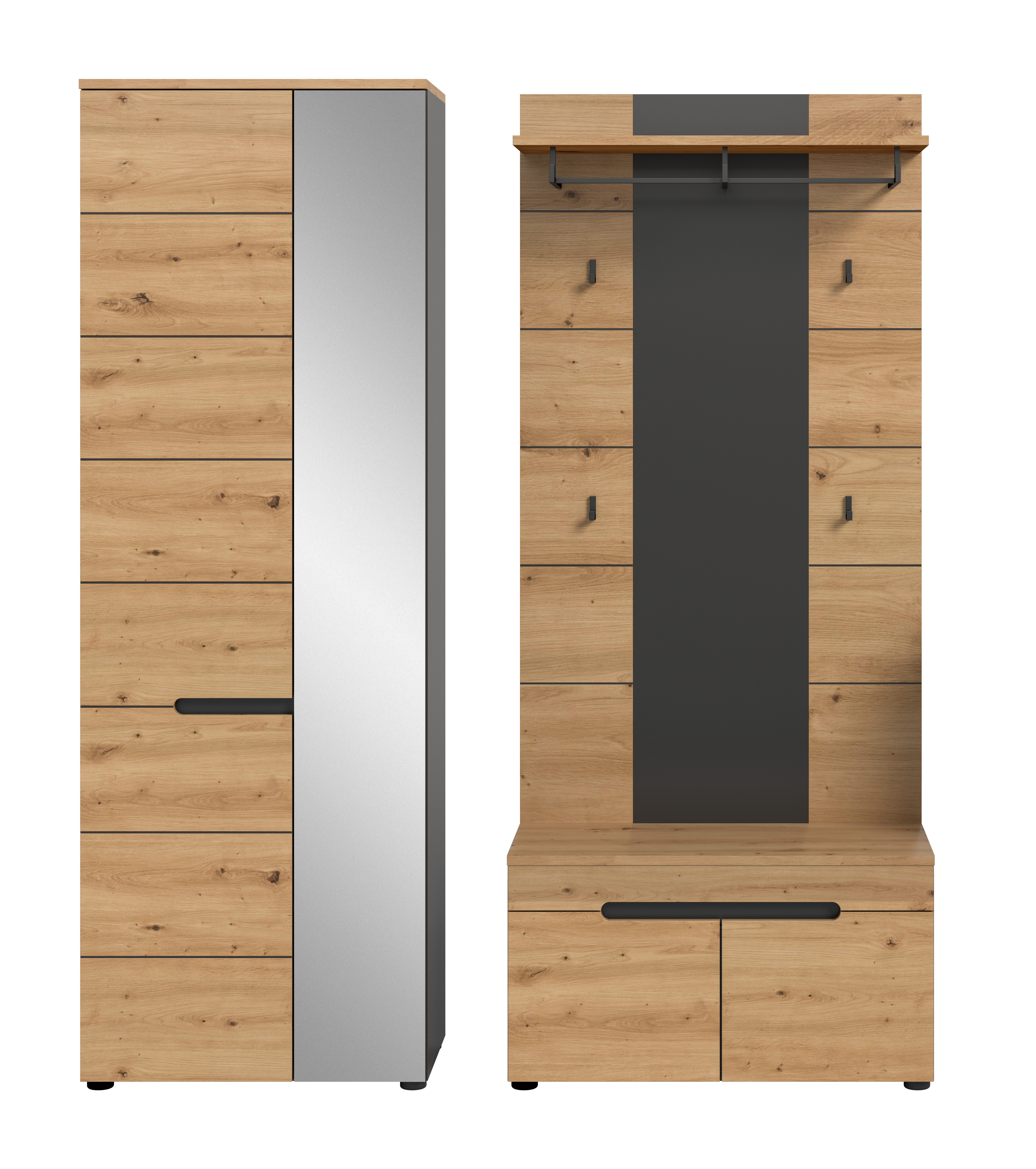 furnling Garderoben-Set Cano, (3-St., Garderobenpaneel, Garderobenschrank, Sitzbank), Garderobenmöbel, Komplett-Set, Höhe 190 cm, Basalt grau/Artisan
