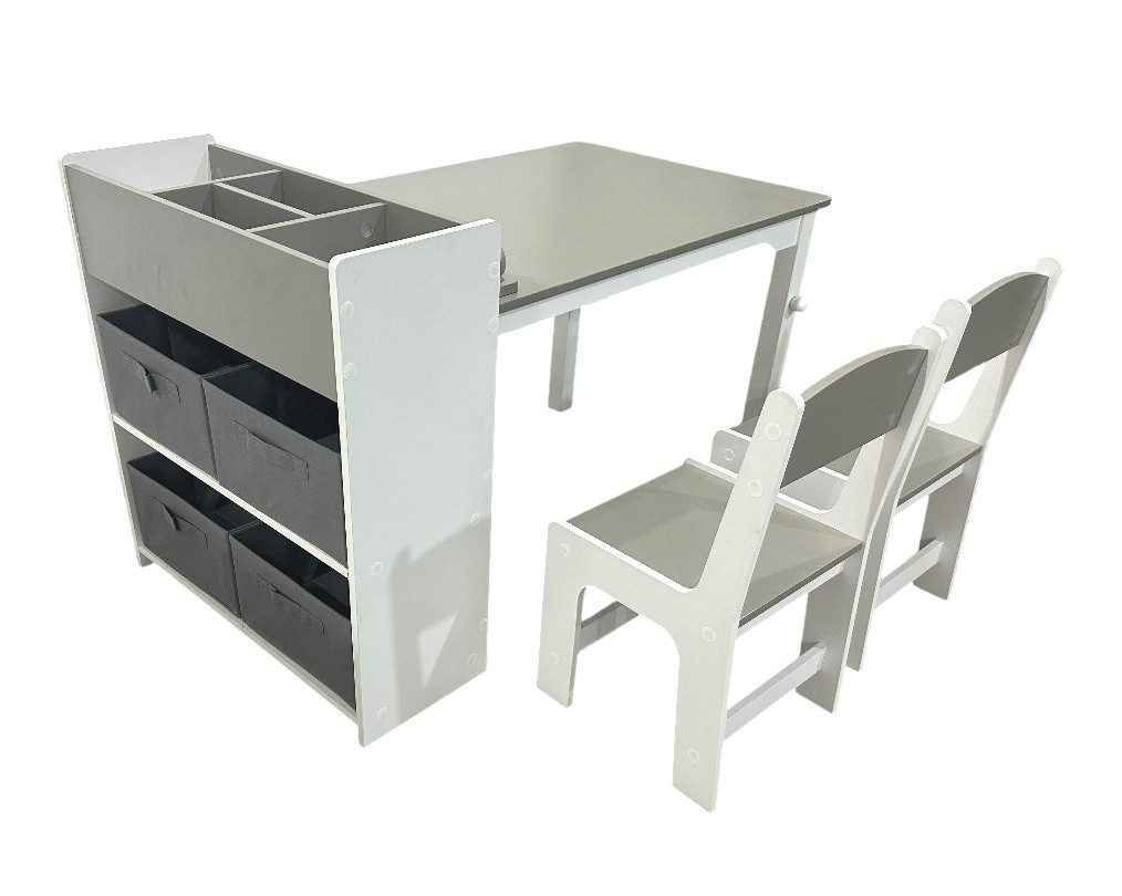 habeig Kindertisch Möbelset 2 Stühlen und Regalschrank 4 Stoffkörbe Grau/Weiß (1 Tisch und 2 Stühle + Regal), sehr stabil