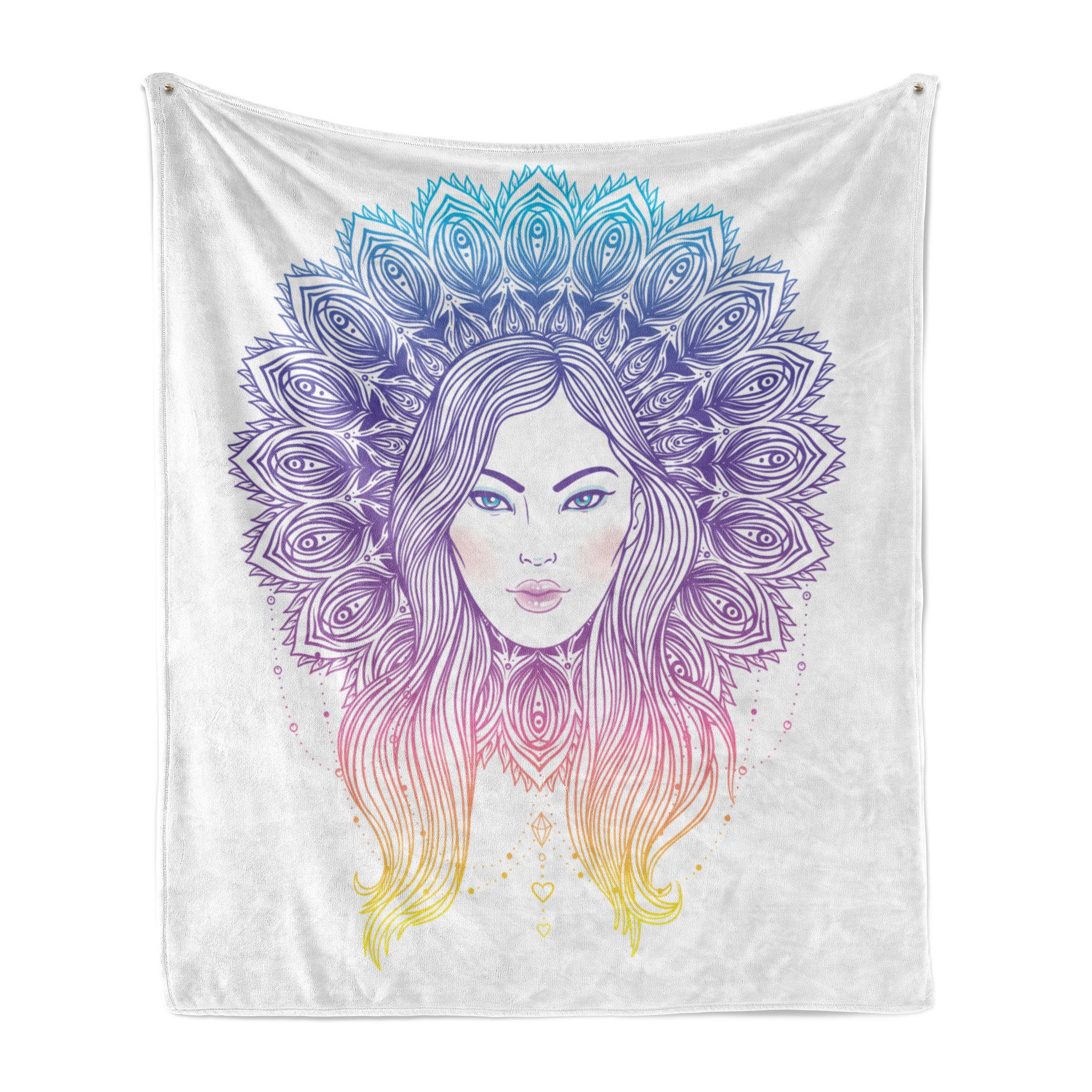 Wohndecke Gemütlicher Plüsch für den Innen- und Außenbereich, Abakuhaus, Diva Boho Mädchen Feder-Mandala