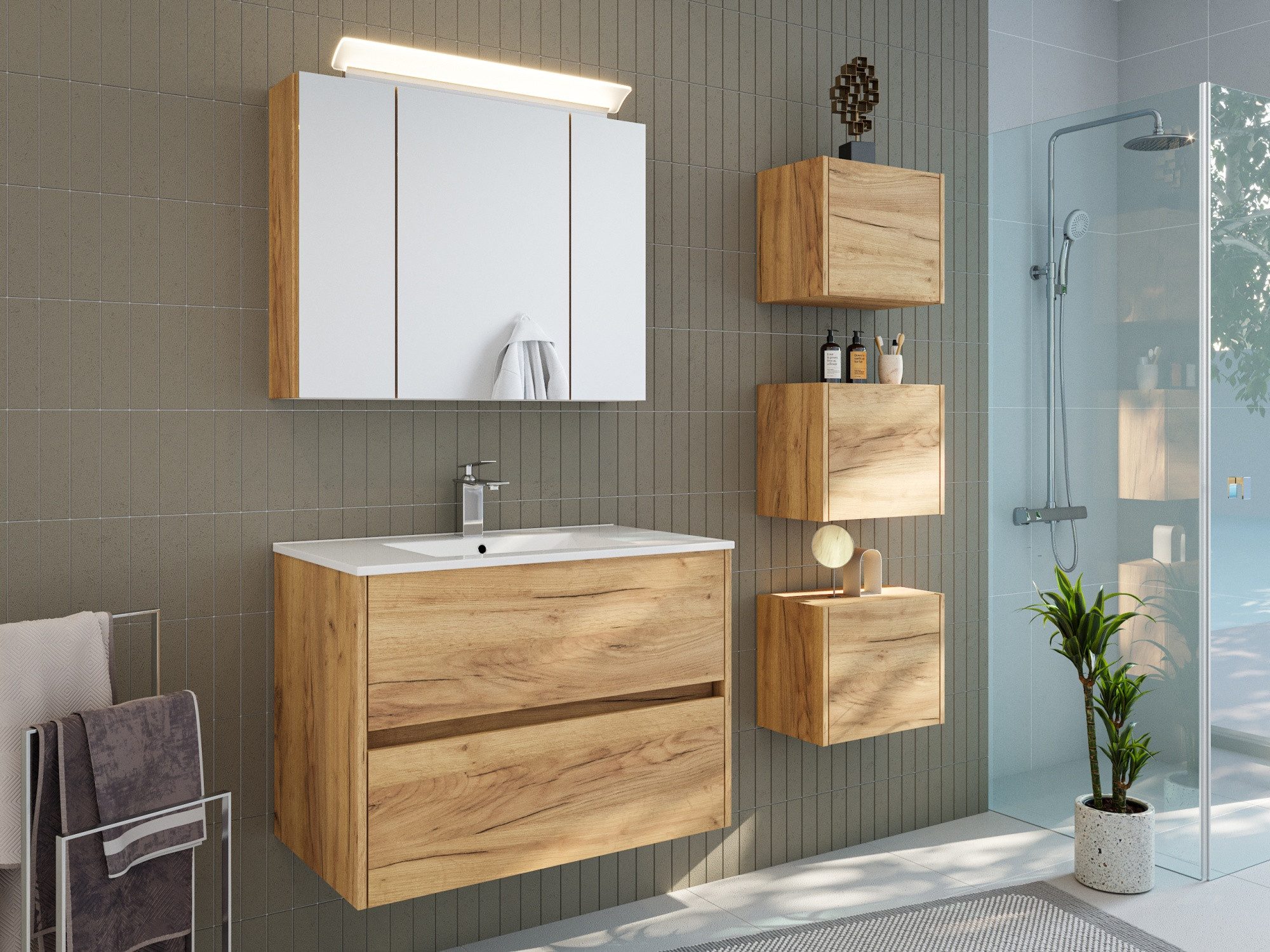 Magnolia Home Badmöbel-Set Badmöbelset Taifun 80cm 3tlg mit Spiegelschrank & 3er Boxen Set eiche