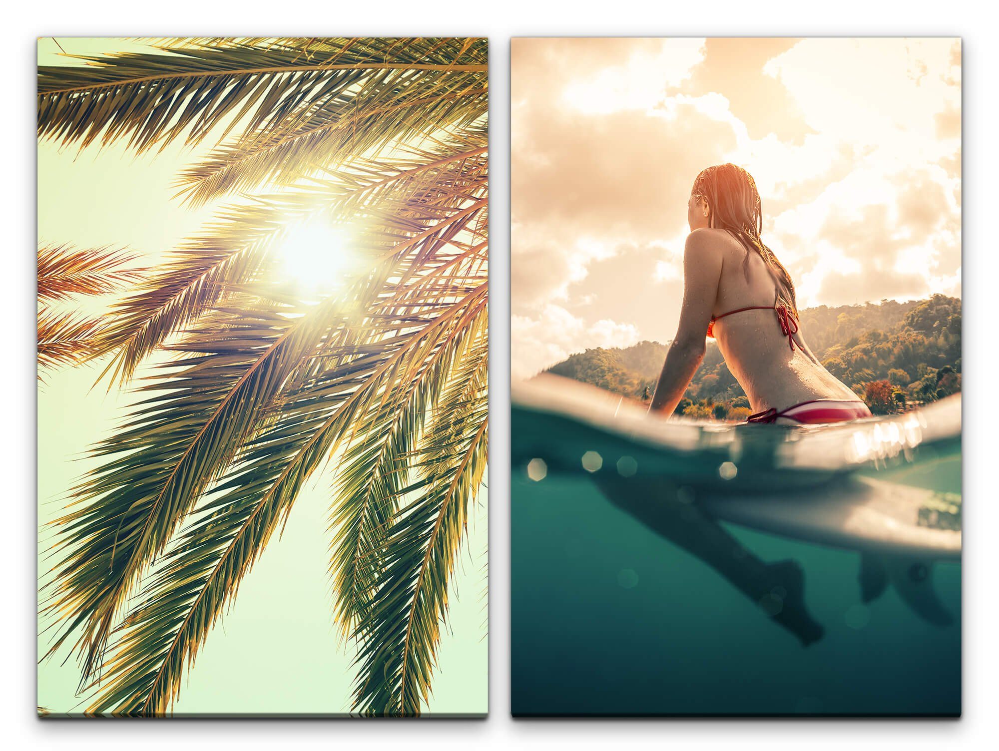 Sinus Art Leinwandbild 2 Bilder je 60x90cm Palmen Sonne Surferin Surfbrett Wasser Sexy Sportlich