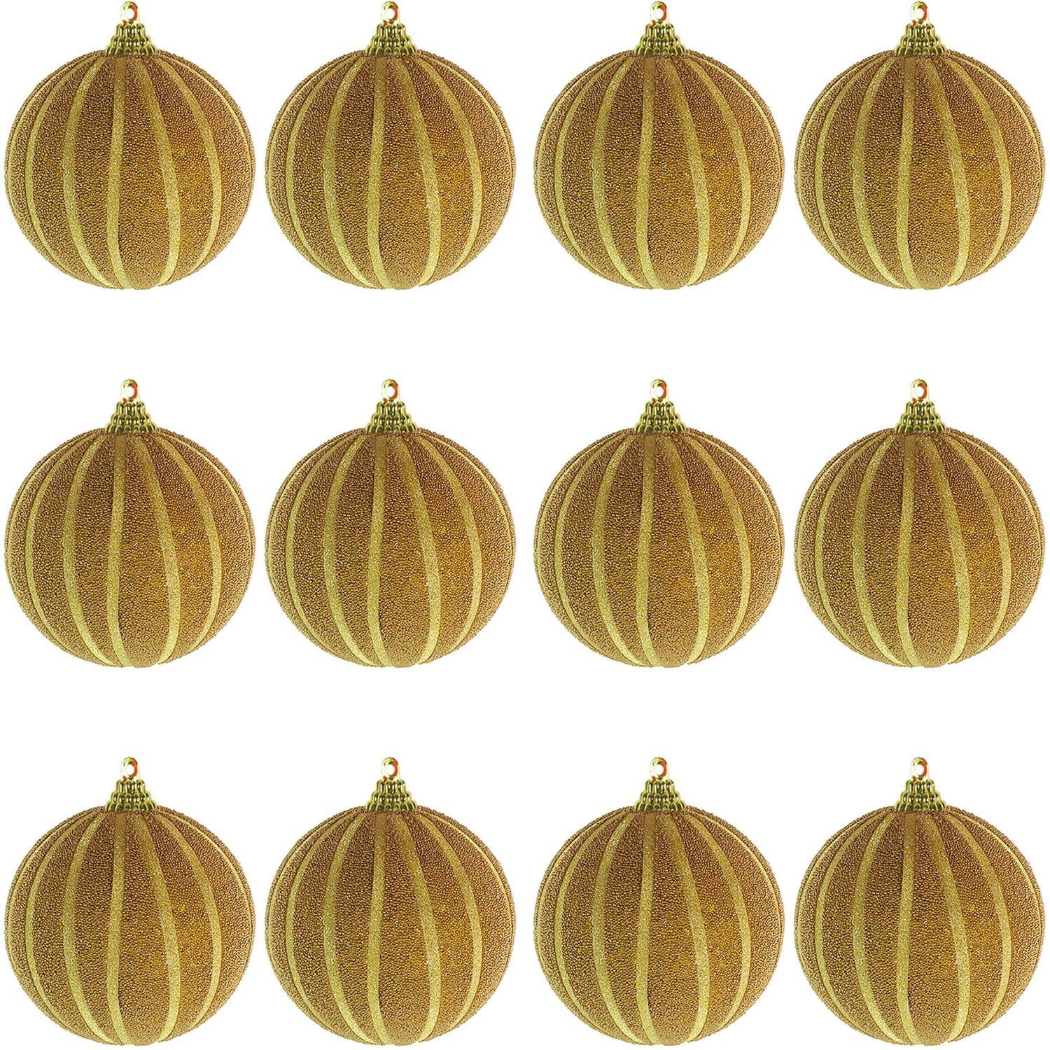 Mojawo Weihnachtsbaumklammer Gold Ø 8cm Glitzer Weihnachtsbaumkugeln Streifen beflockt Christbaumkugeln 12-tlg
