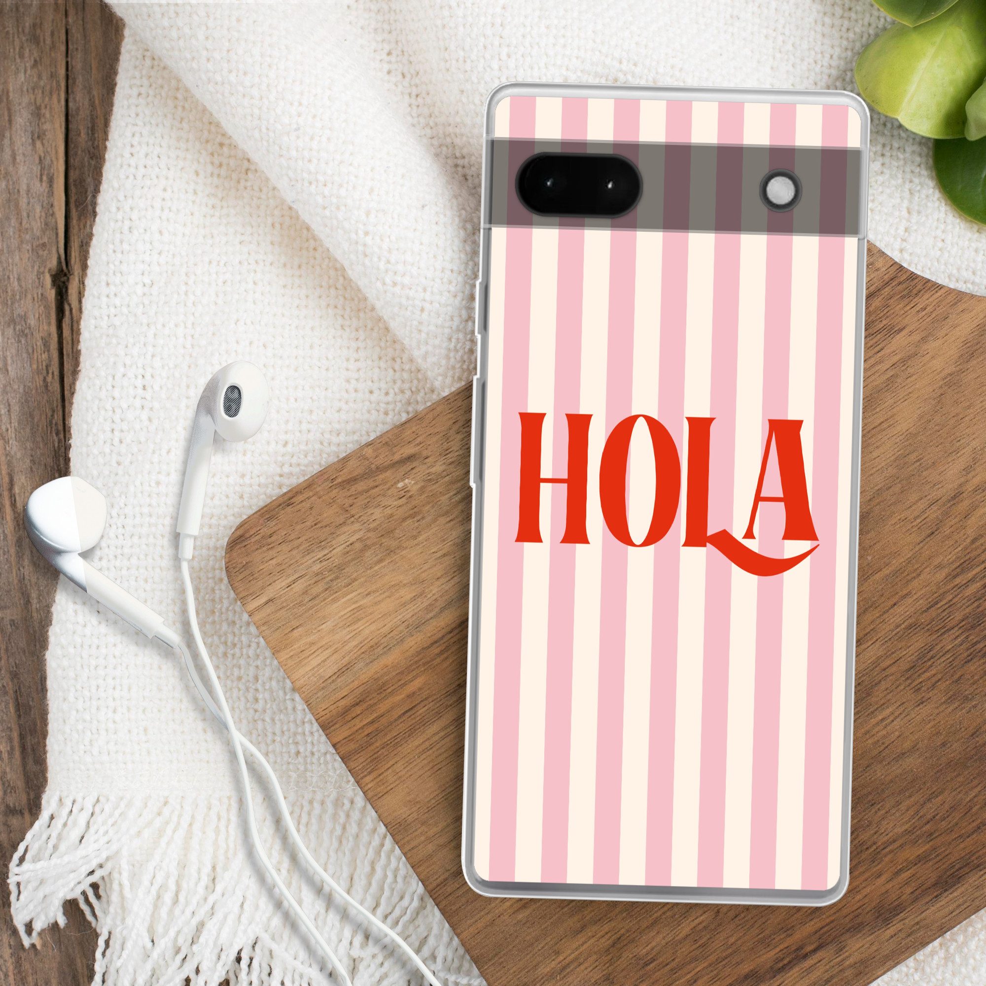 MuchoWow Handyhülle für Google Pixel 6a Hola - Zitat - Streifen - Pastell - Rosa - Rot - W, Phone Case, Silikon, Schutzhülle Dünn