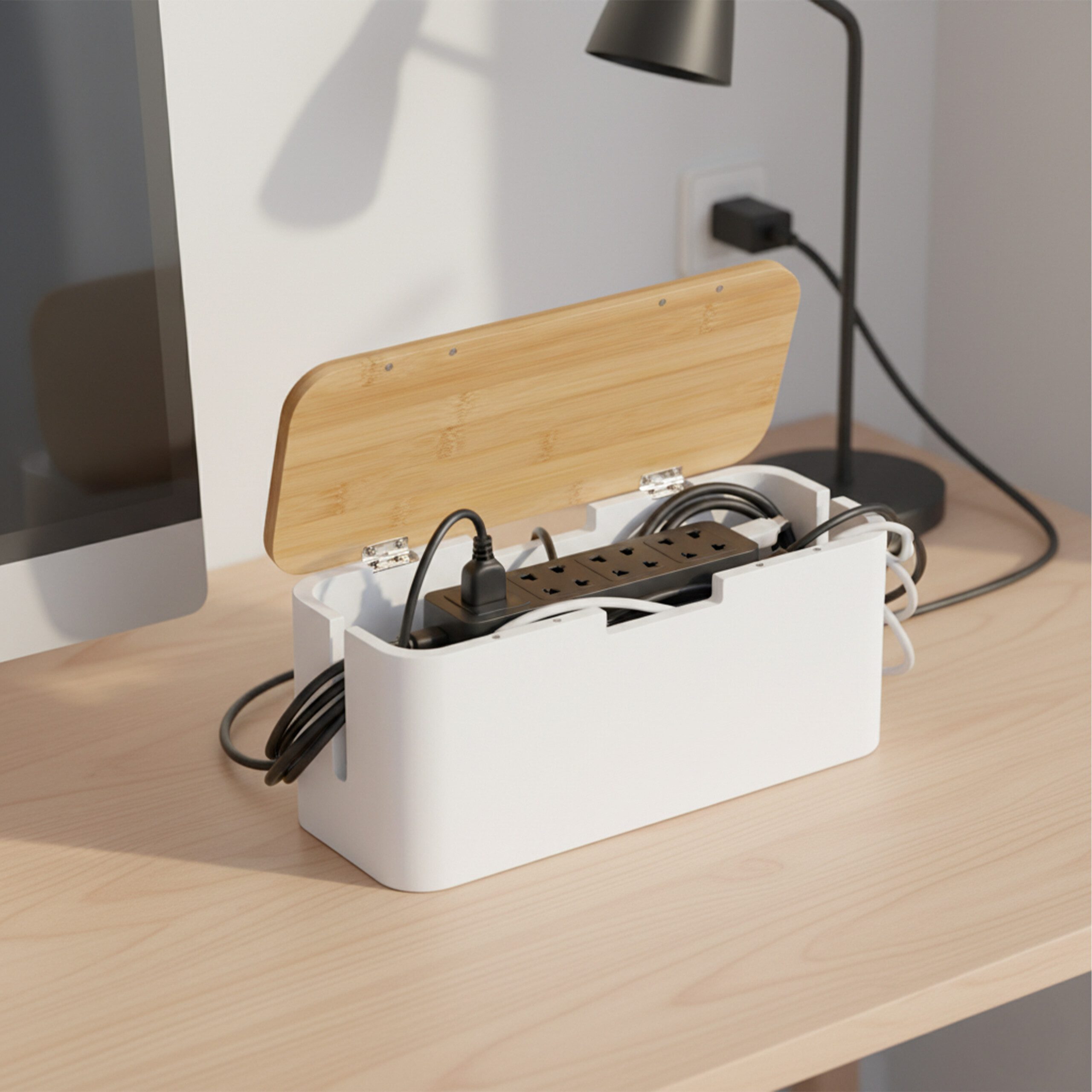 relaxdays Kabelbox aus Bambus, Natur-Weiß