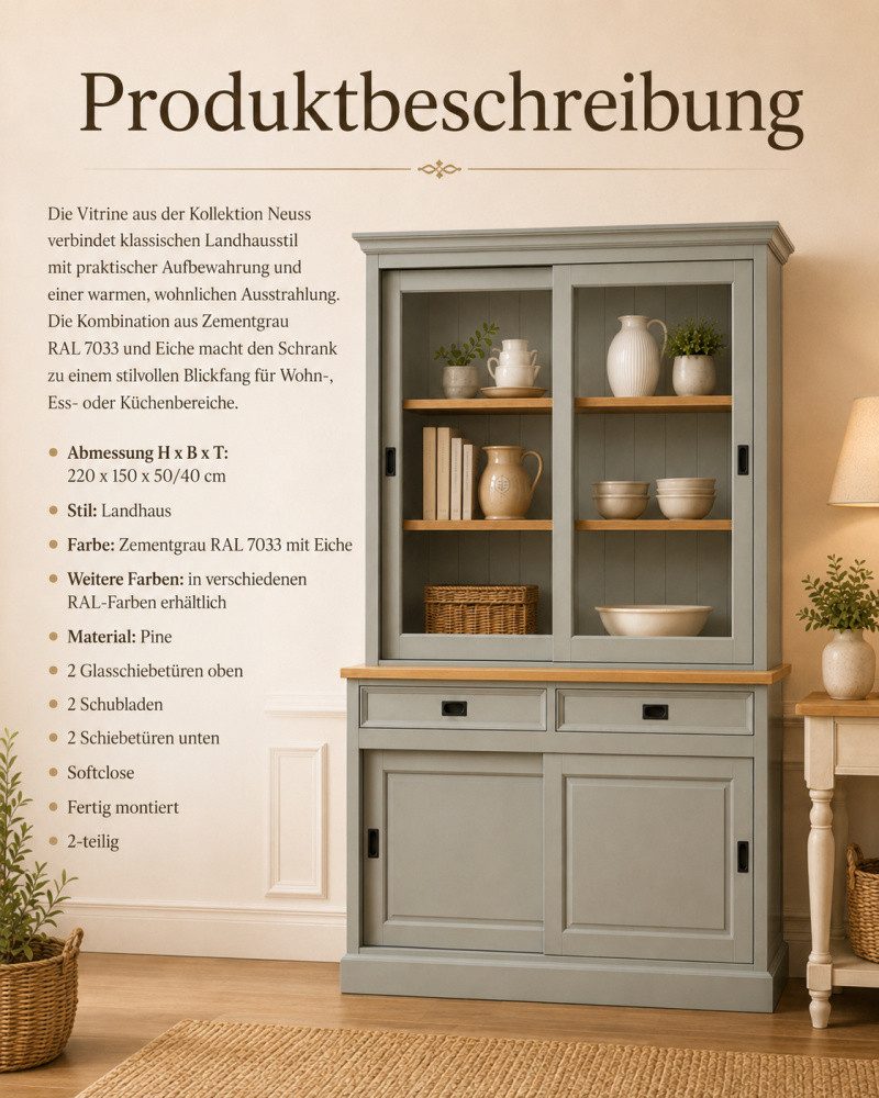 Wohnpalast Vitrine Vitrinen Schrank Neuss 150 cm Zementgrau/eiche - Buffet Schrank mit Sc