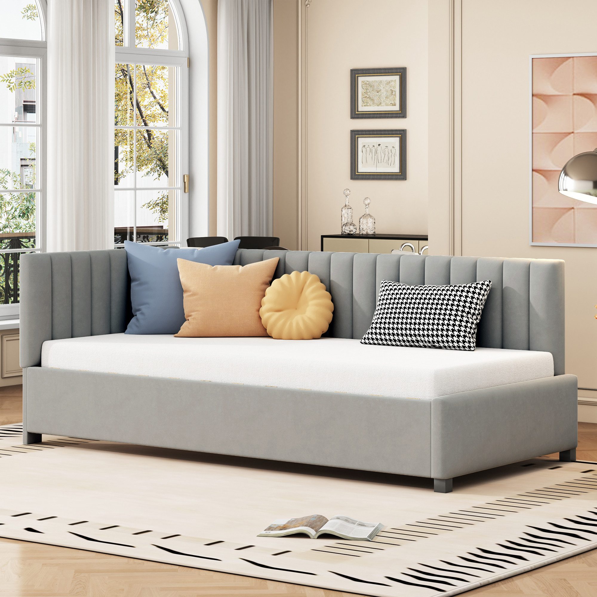 OKWISH Schlafsofa Tagesbett Kinderbett Polsterbett, Daybett mit Lattenrost, hautfreundlichem Samtstoff, für Wohnzimmer & Schlafzimmer, ideal für Gäste und kleine Räume, ohne Matratze