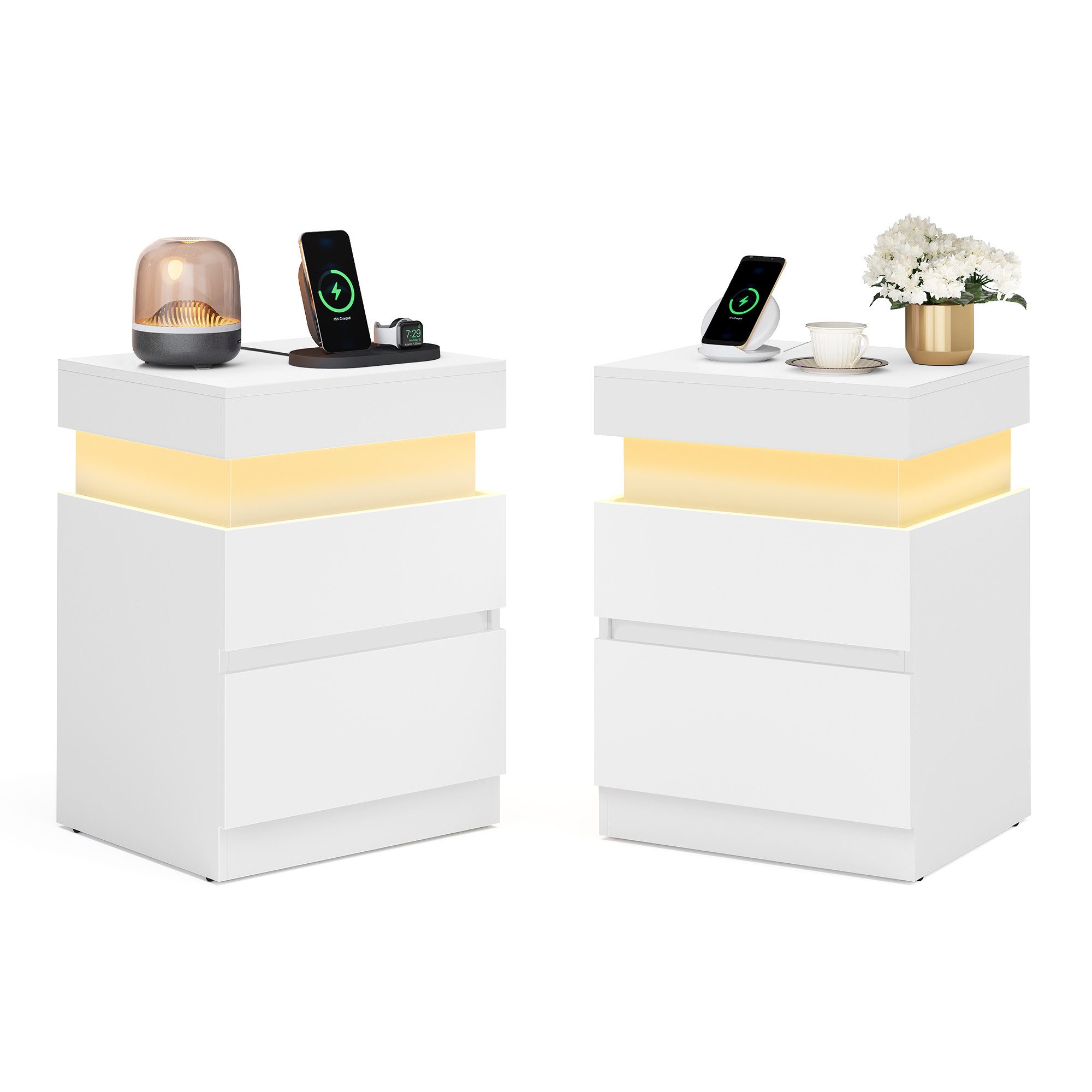 VASAGLE Nachttisch, Beistelltisch mit Ladestation, Nachttisch mit Beleuchtung, Steckdosen
