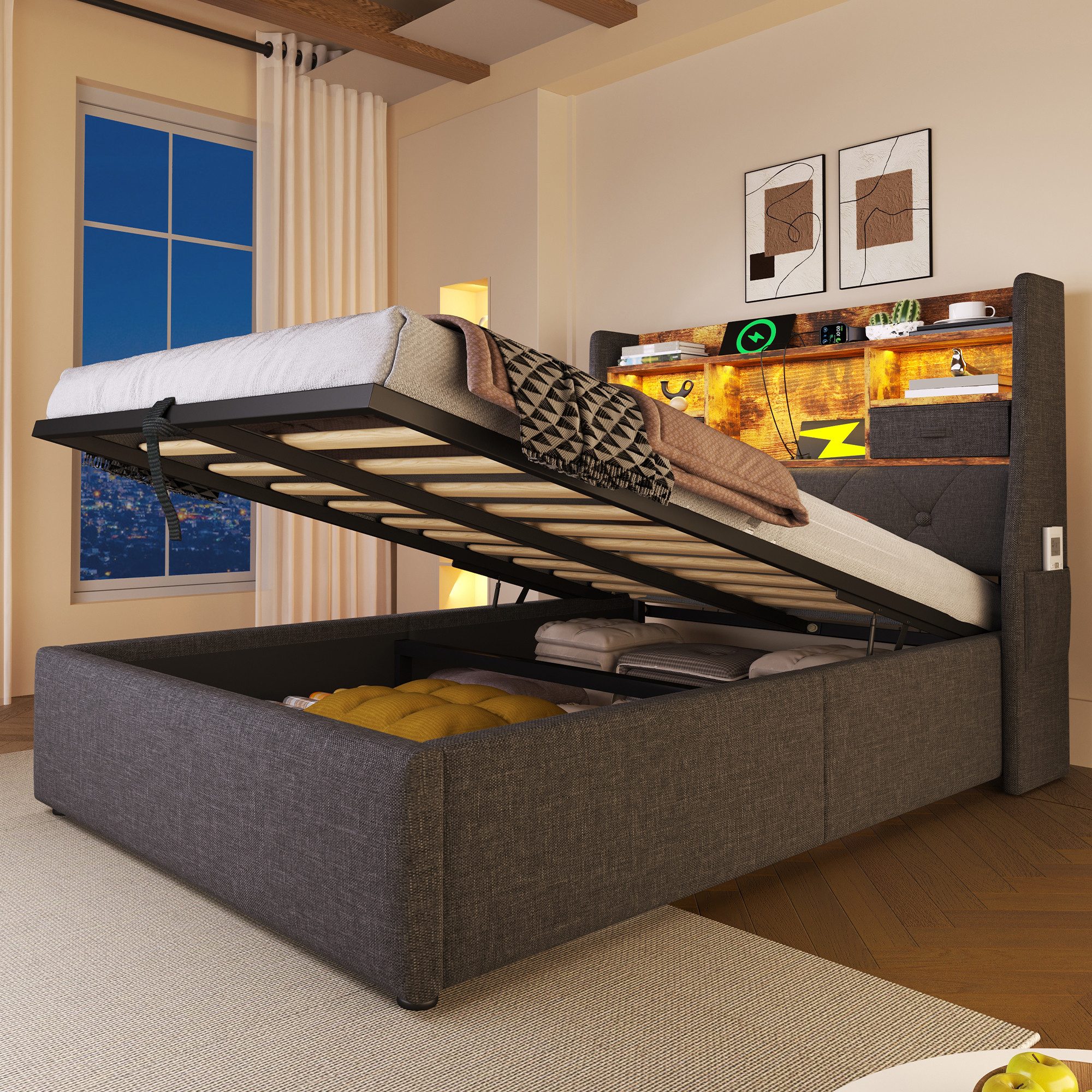 STILVORA Polsterbett 90x200 mit Schwebebett,Jugendbett Bettgestell mit LED&Ladestation (Struraumbett, Funktionsbett, 1-tlg., Grauer Leinenstoff, 90x200 cm, ohne Matratze), mit LED-Kopfteil, 4 Ladestation (USB/Type-C), Inkl. Lattenrost