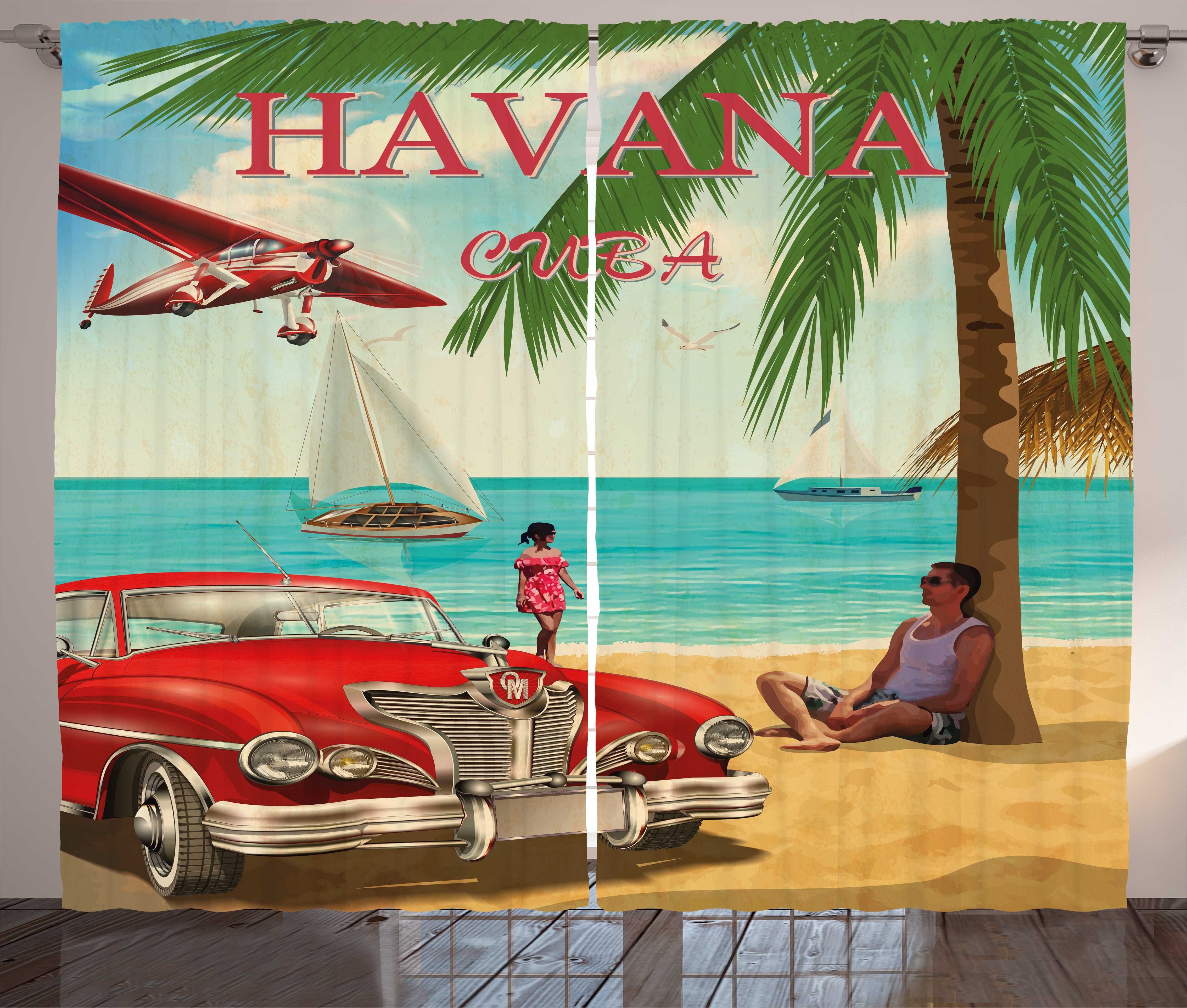 Gardine Schlafzimmer Kräuselband Vorhang mit Schlaufen und Haken, Abakuhaus, Reise Retro Havana Kuba Auto Strand
