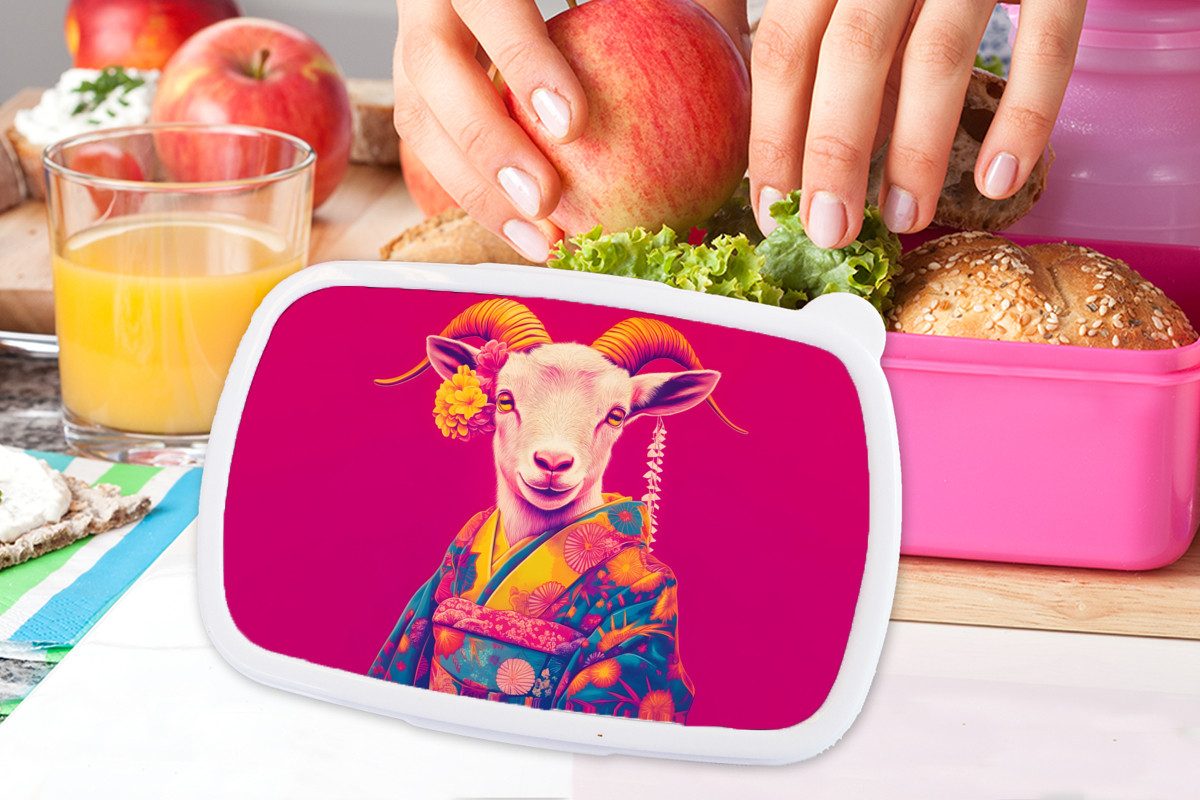 MuchoWow Lunchbox Ziege - Hörner - Kimono - Farbenfroh, Kunststoff, (2-tlg), Brotdosen, Lunch Box, Brotbox für Kinder und Erwachsene