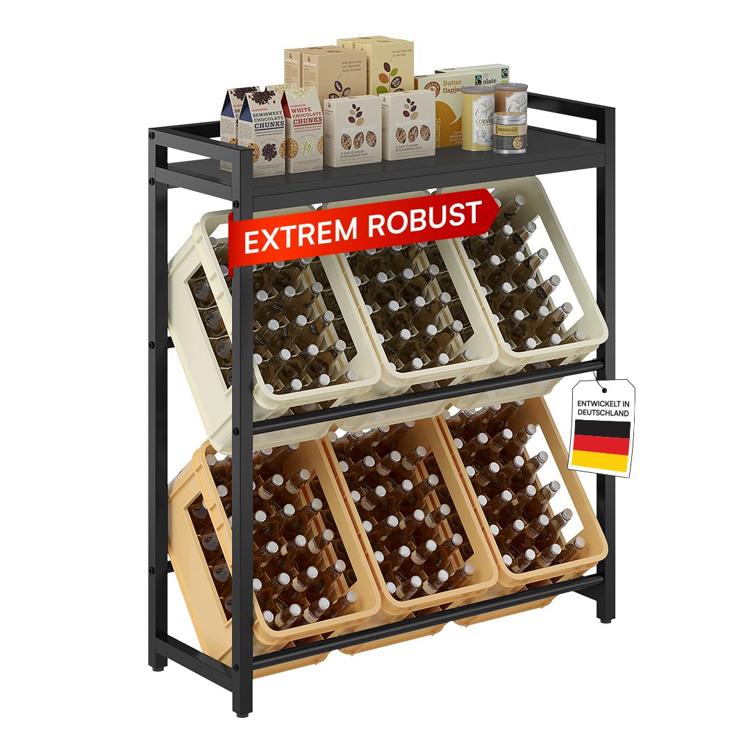 STEELSØN Flaschenregal Astris für 6 Getränkekisten mit MDF-Platte, kompakt & platzsparend, mit schwarzer MDF-Ablagefläche, stablies Getränkekistenregal mitMetallgestell für Kisten & Obst