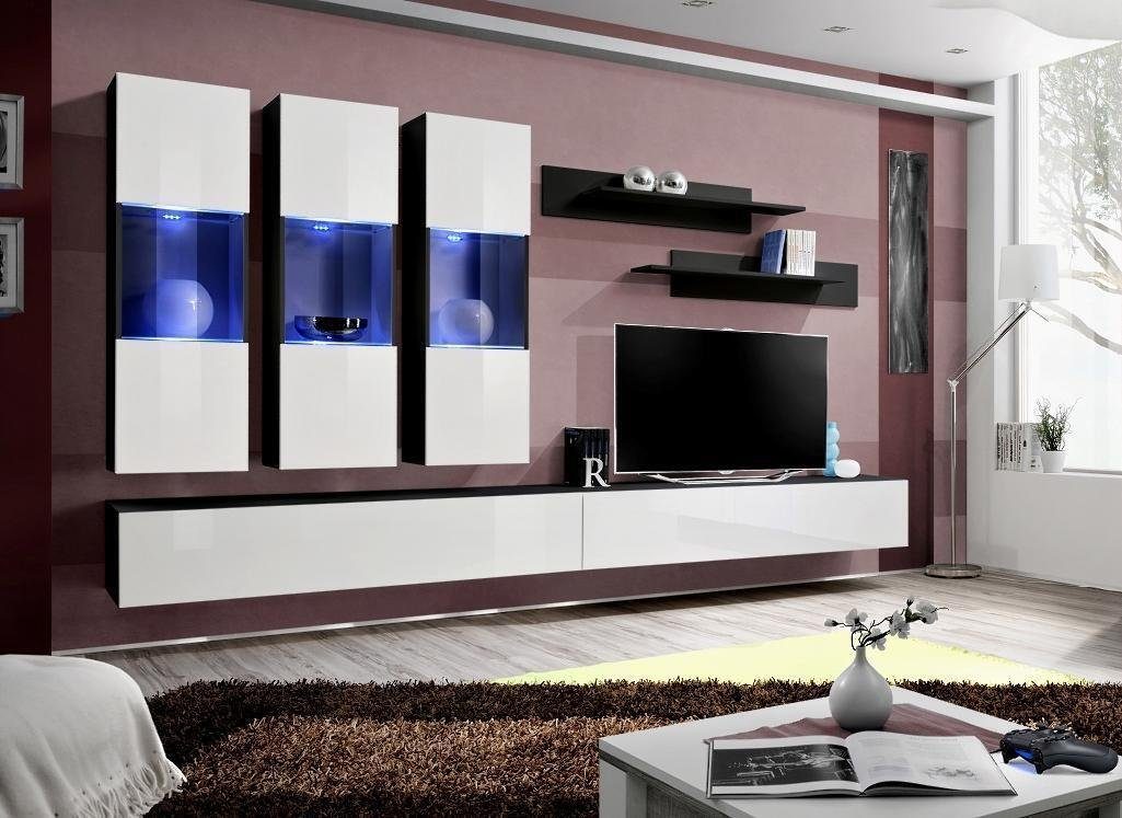 JVmoebel Wohnzimmer-Set Moderne Designer Wohnwand TV Ständer Wand Regale Luxus, (8-St., 1x Wohnwand + 2x TV Ständer + 3x Hänge Vitrine + 2x Wandregale), Made in Europa | Wohnwände