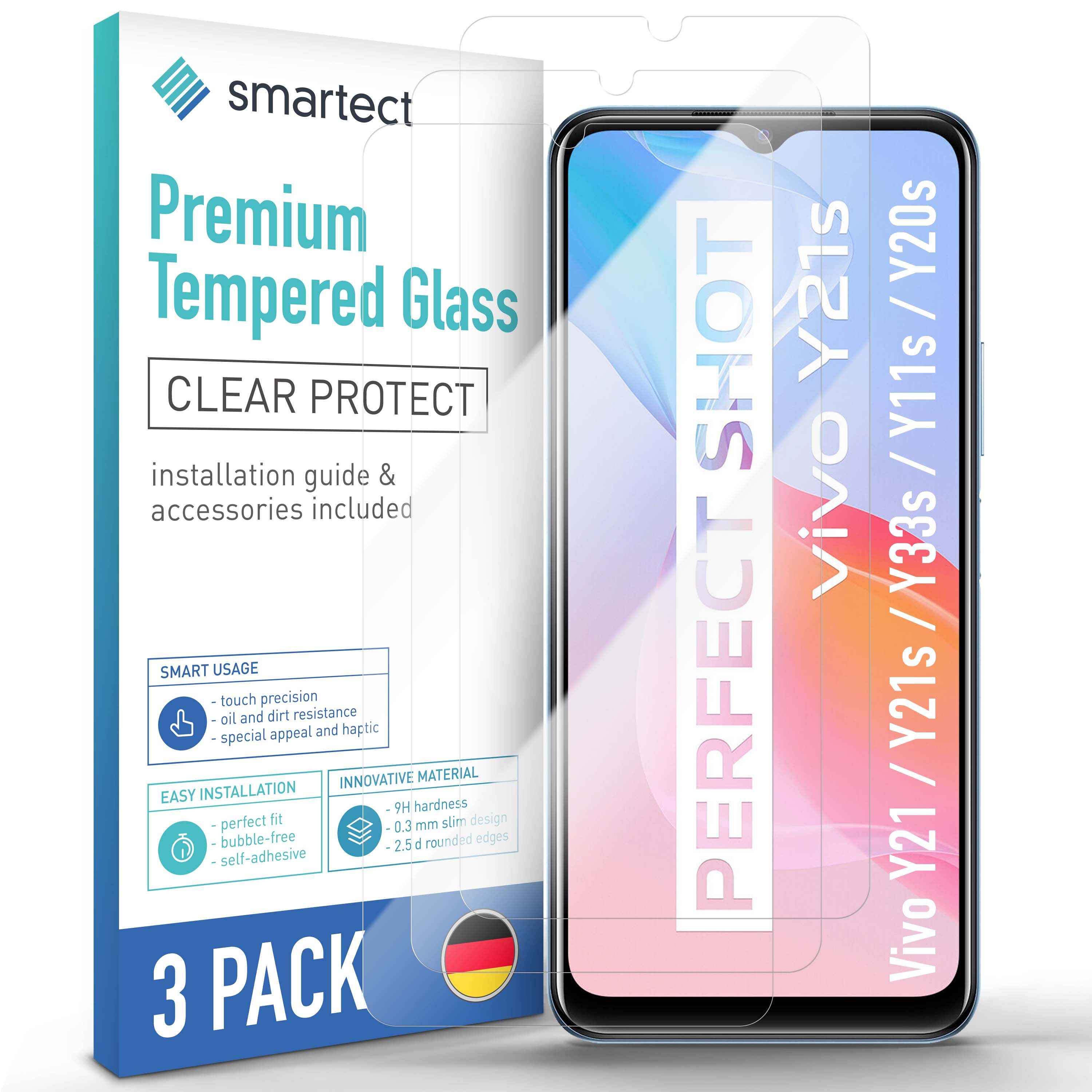 smartect Displayschutzglas Schutzglas Panzerfolie Klar für Vivo Y21 / Y21s / Y33s / Y11s / Y20s, Set, 3 Stück, Schutzfolie Glasschutz