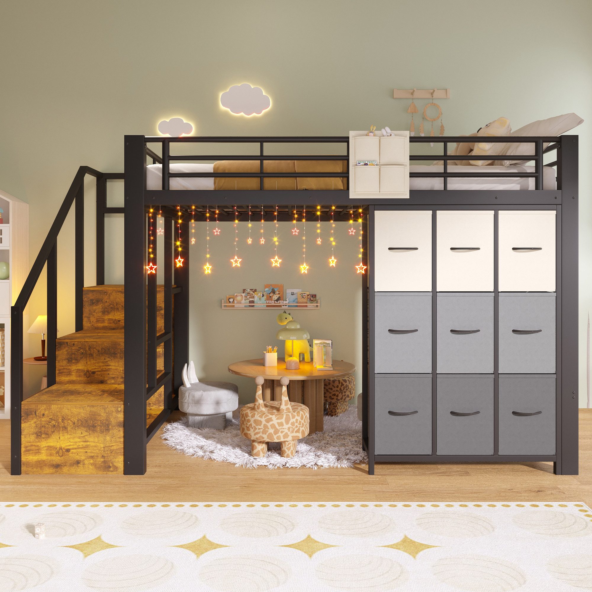 Flieks Hochbett Metallbett Kinderbett 140×200cm mit Kommode und Stauraumtreppe