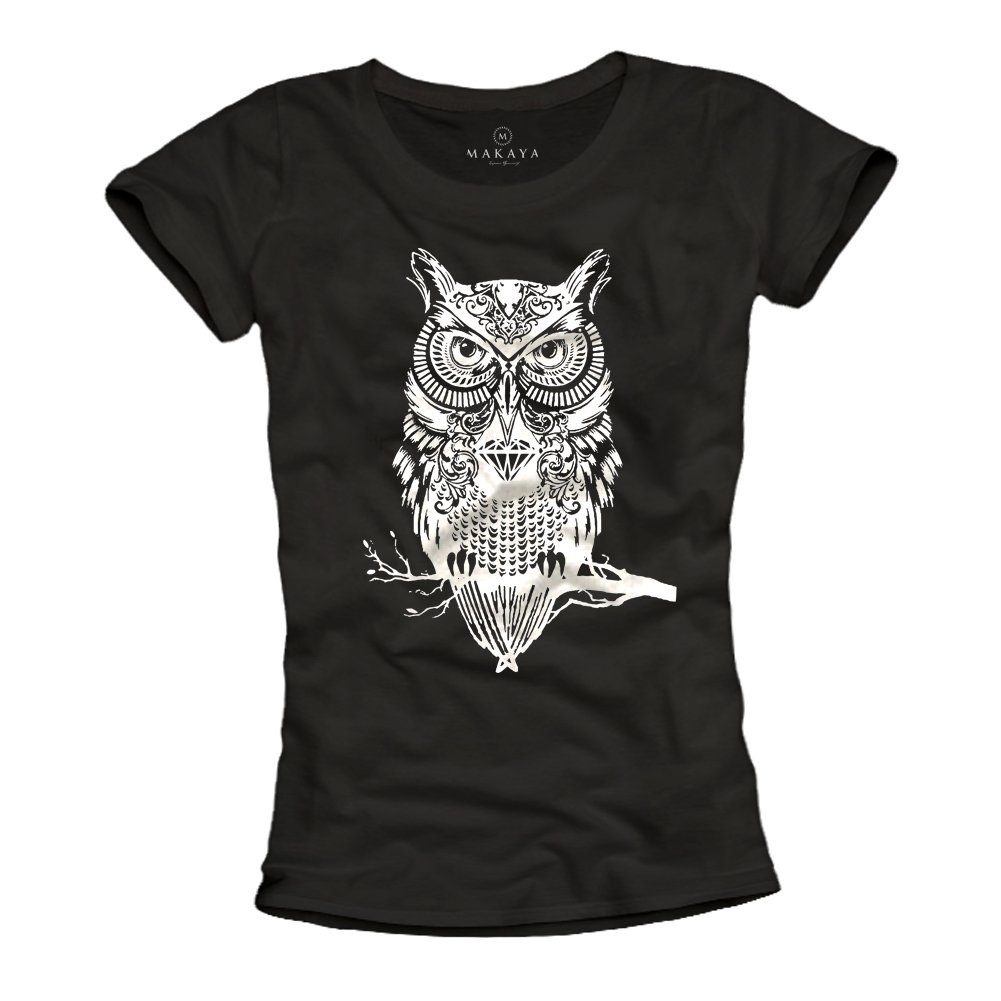 Frauen Coole Damen Tops T-Shirt Motiv Kurzarm MAKAYA Sommer mit Aufdruck Owl Schwarz Eule