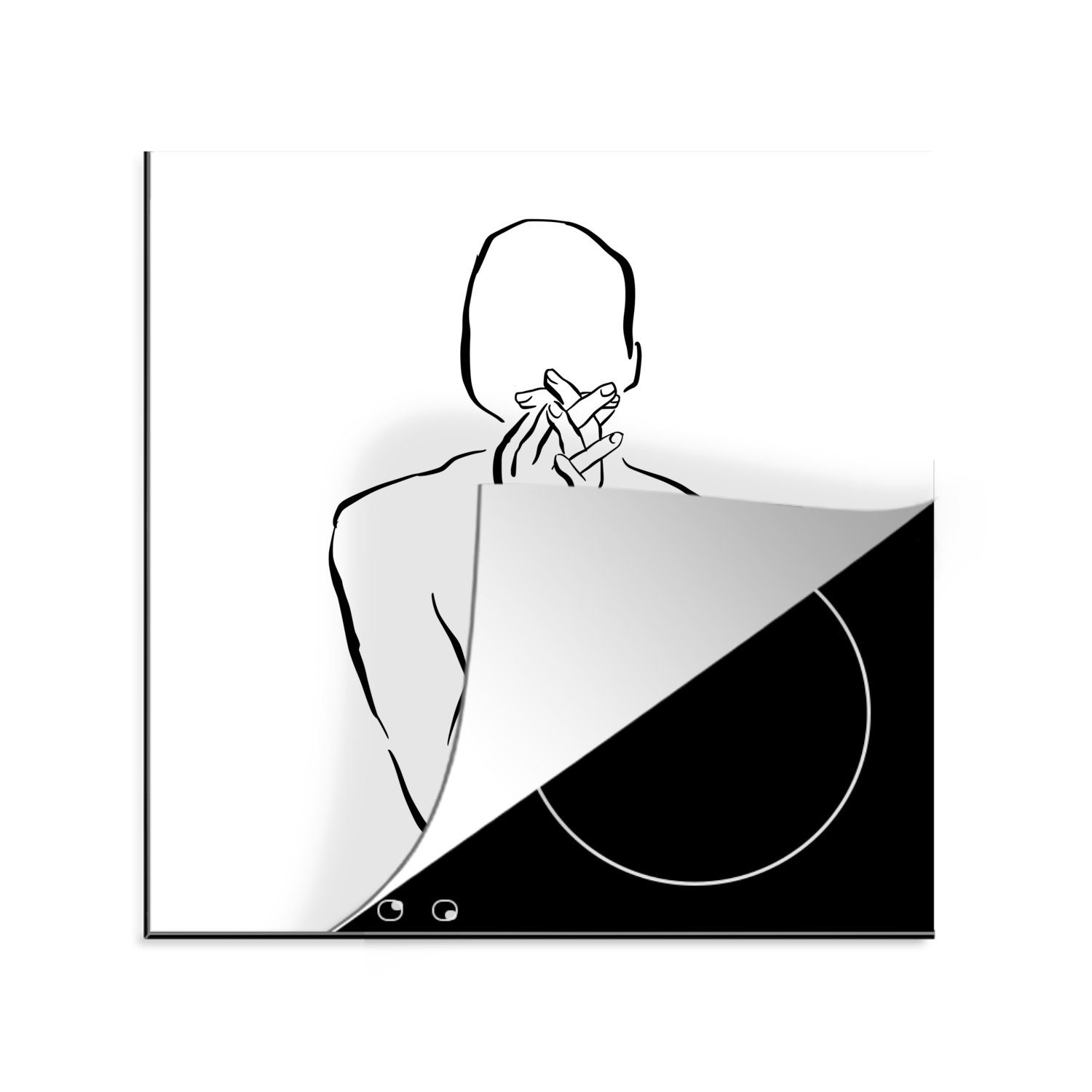 MuchoWow Herdblende-/Abdeckplatte Abstrakte Strichzeichnung einer Frau mit gefalteten Händen im Quadrat, Vinyl, (1 tlg), 78x78 cm, Ceranfeldabdeckung, Arbeitsplatte für küche