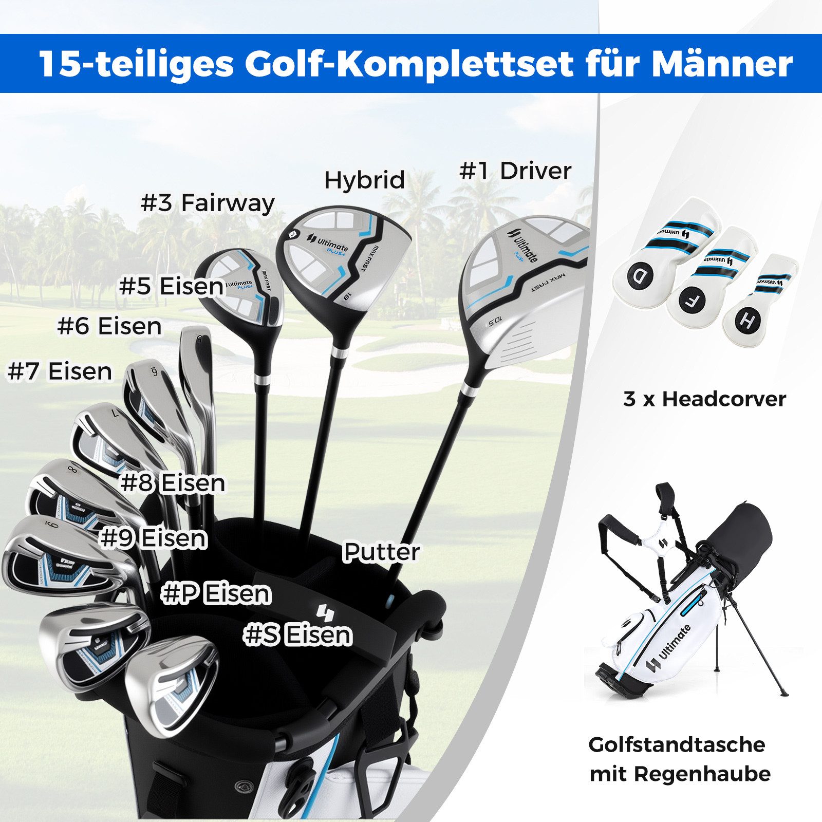 COSTWAY Golfschläger + Golfbag, für Männer, 9/11 teilige Golfschlägersätze