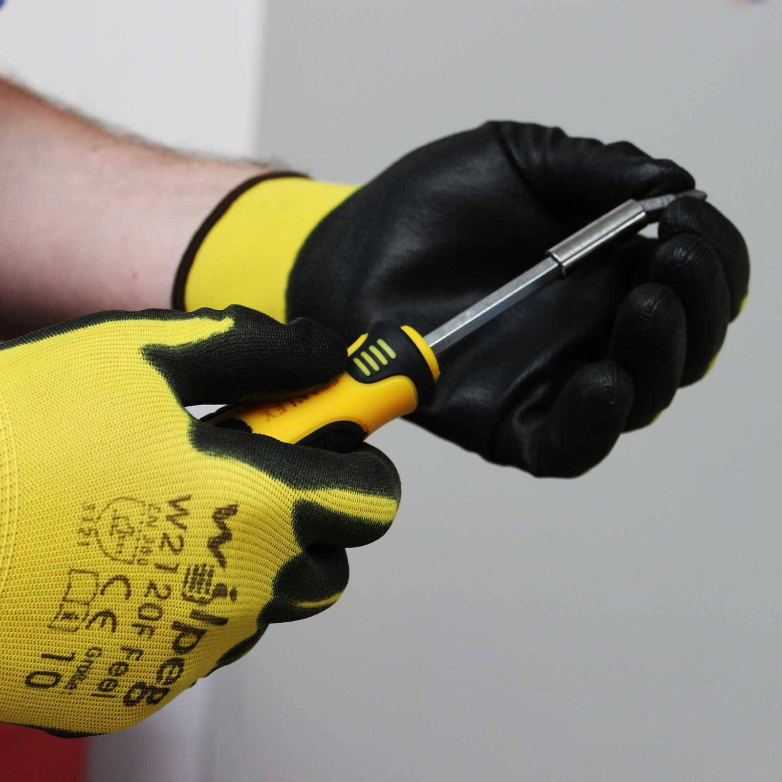 schwarz/gelb Nylon-Strickhandschuhe, W2120F Nitril-Handschuhe PU 12 - Handschuhe WILPEG wilpeg® (Spar-Set) Feel Paar