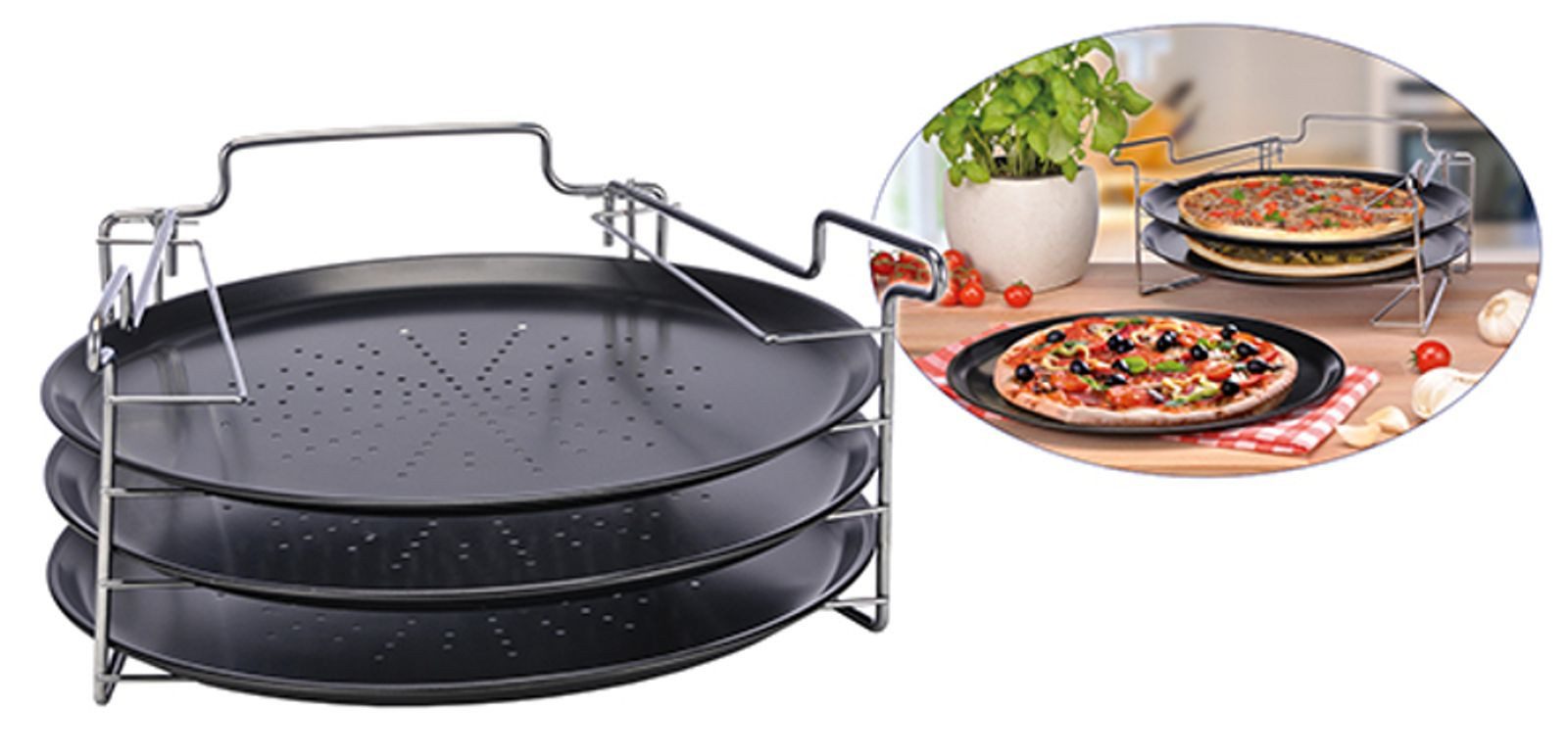 Haushalt International Pizzablech 4tlg. Pizzabackset Pizzablech & Aufsteller