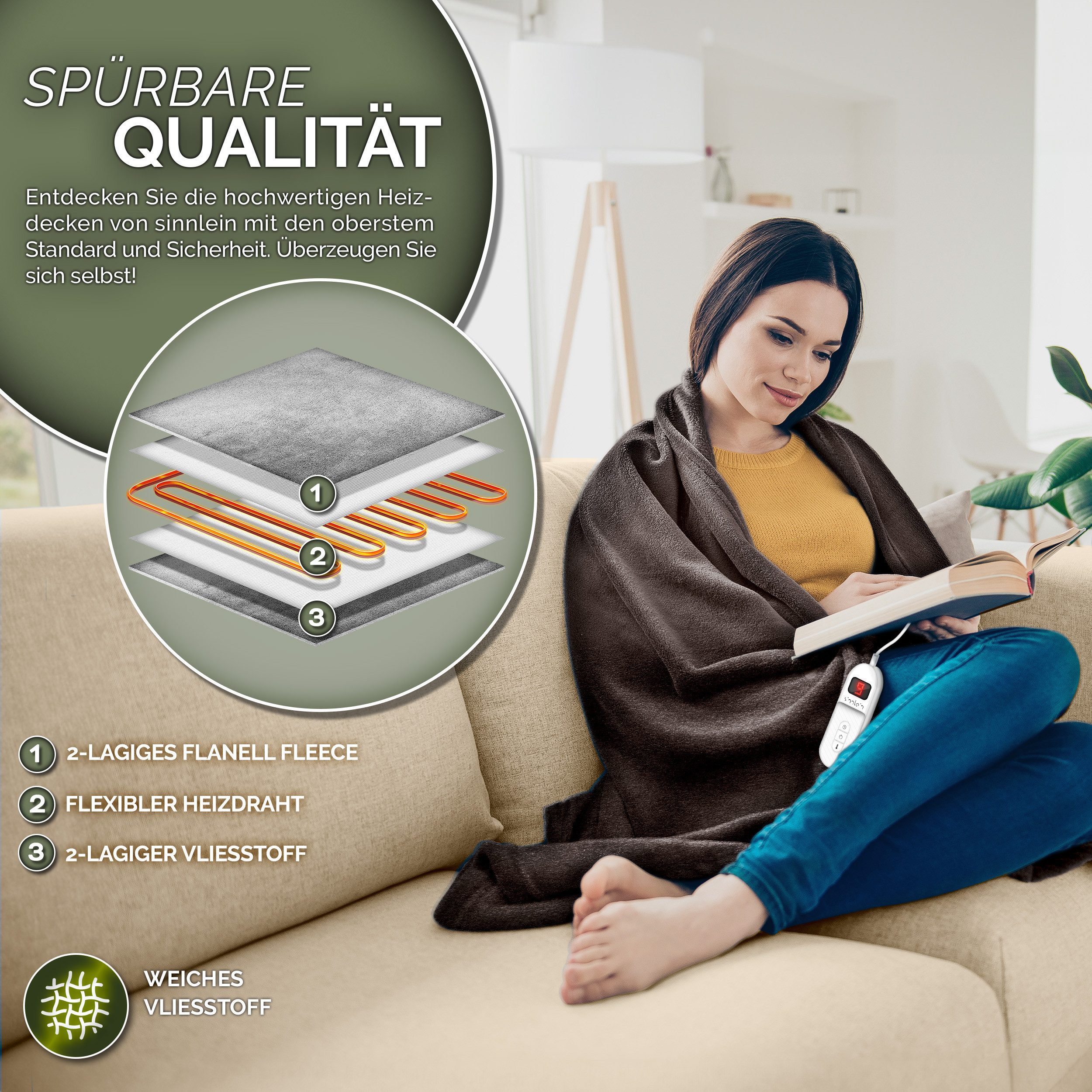 sinnlein Heizdecke Heizdecke elektrisch Wärmeunterbett XXL Wärmedecke Abschaltautomatik, Heizdecke aus Plüsch, Timerfunktion, 9 Temperaturstufen, waschbar bis 40°C, Digitalanzeige