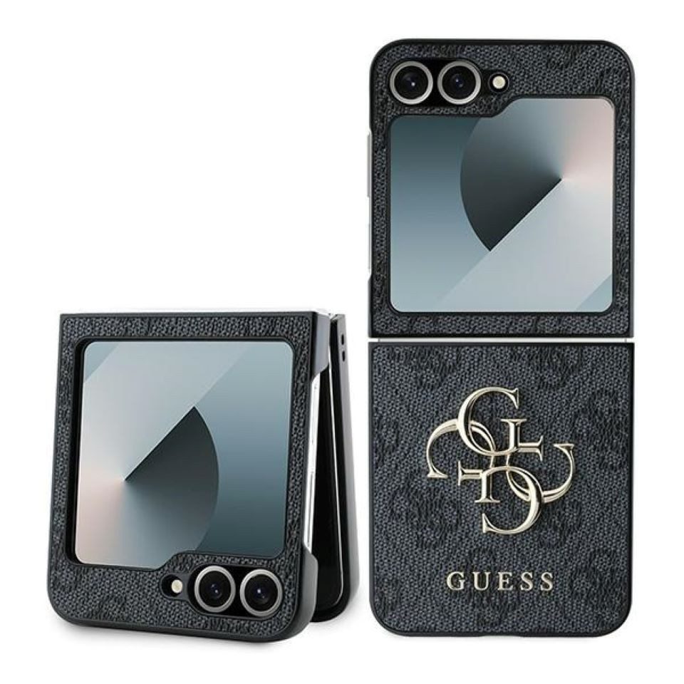 Guess Handyhülle Case Galaxy Z Flip 6 Kunstleder grau Muster Big Logo goldfarben 6,7 Zoll, Kantenschutz