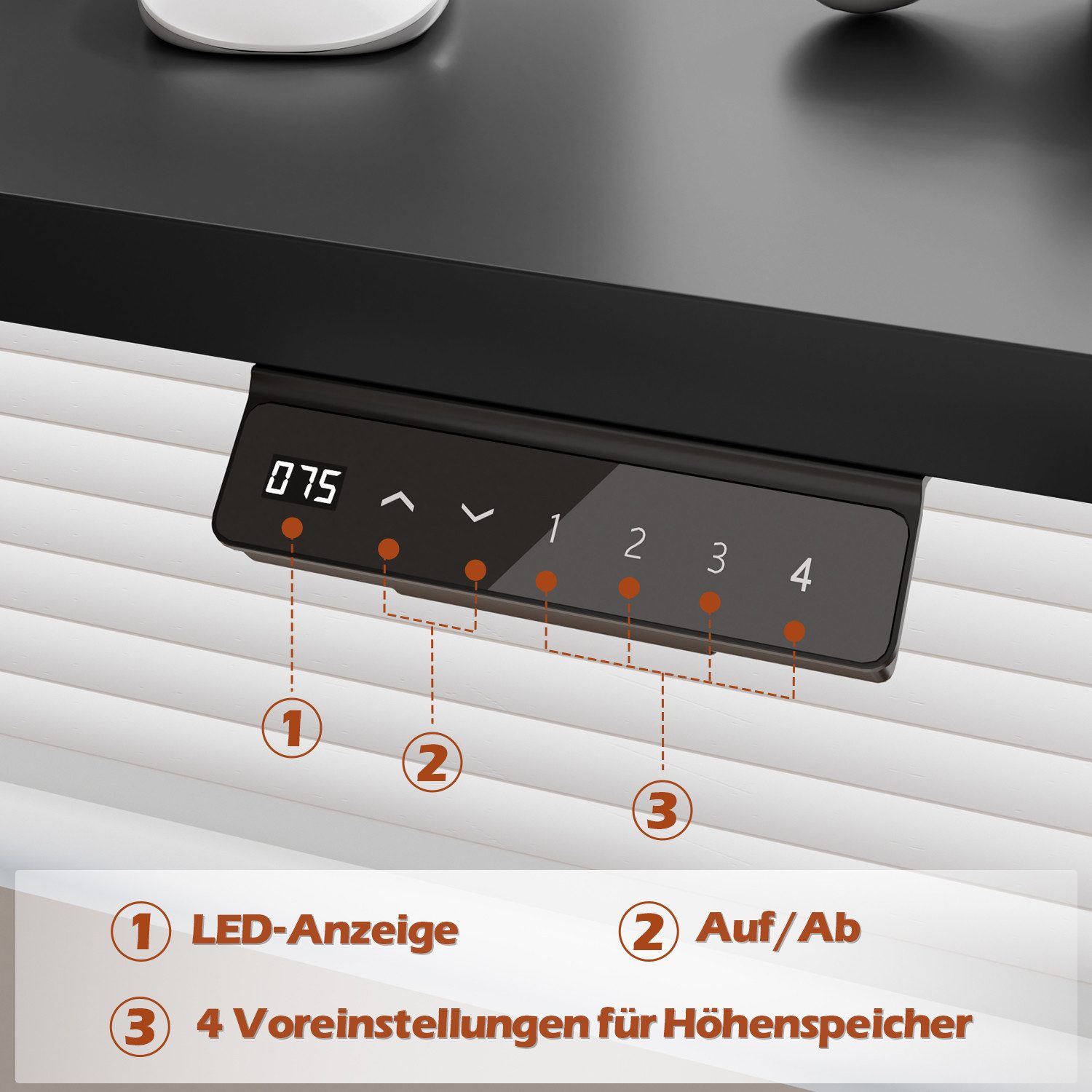 Furnicopia Schreibtisch Höhenverstellbar mit einer 25 mm dicken einteiligen Tischplatte (4-fache Höhenspeicherfunktion, Zweimotorantrieb und Tragfähigkeit über  – Bild 5 von 5