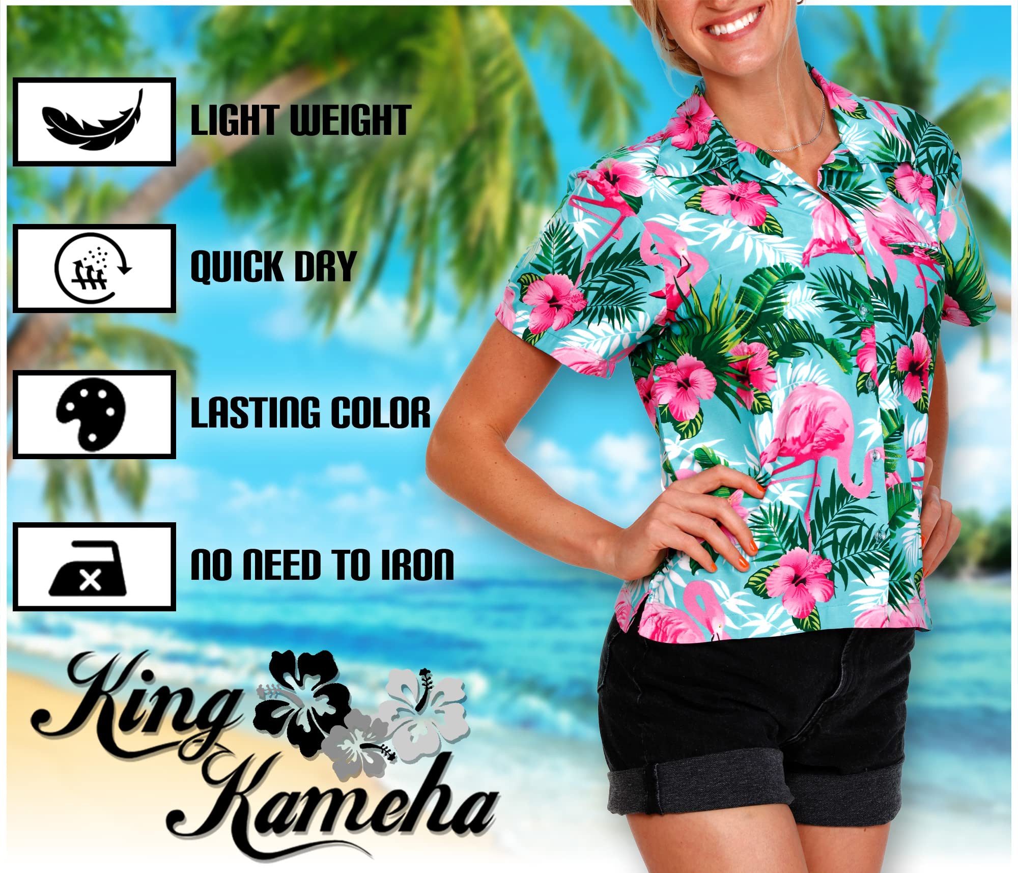 King Kameha Hawaiihemd Flamingo Flowers Funky Hawaiibluse Damen Kurzarm Front-Tasche Stylish – Bild 4 von 5