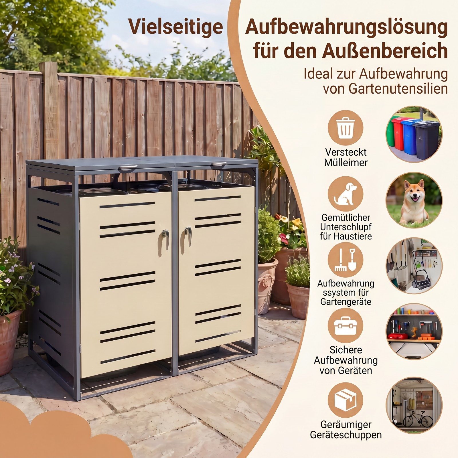 KOMFOTTEU Mülltonnenbox, Müllcontainer mit Metallhütte für 2 x 120 L Mülltonnen