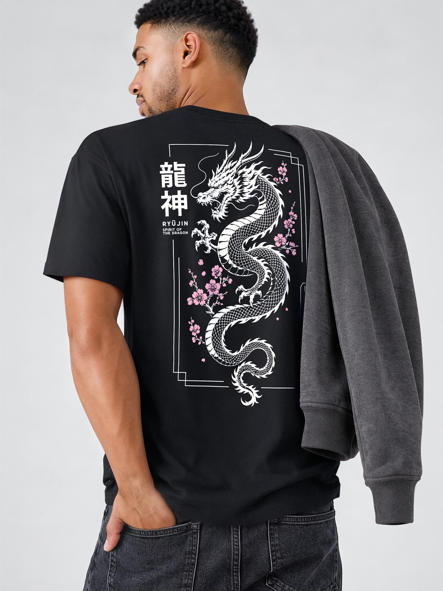 Neverless Oversize-Shirt Herren T-Shirt - Design Sakura Dragon - Relaxed Fit Printshirt Sommer mit Print – Bild 5 von 5