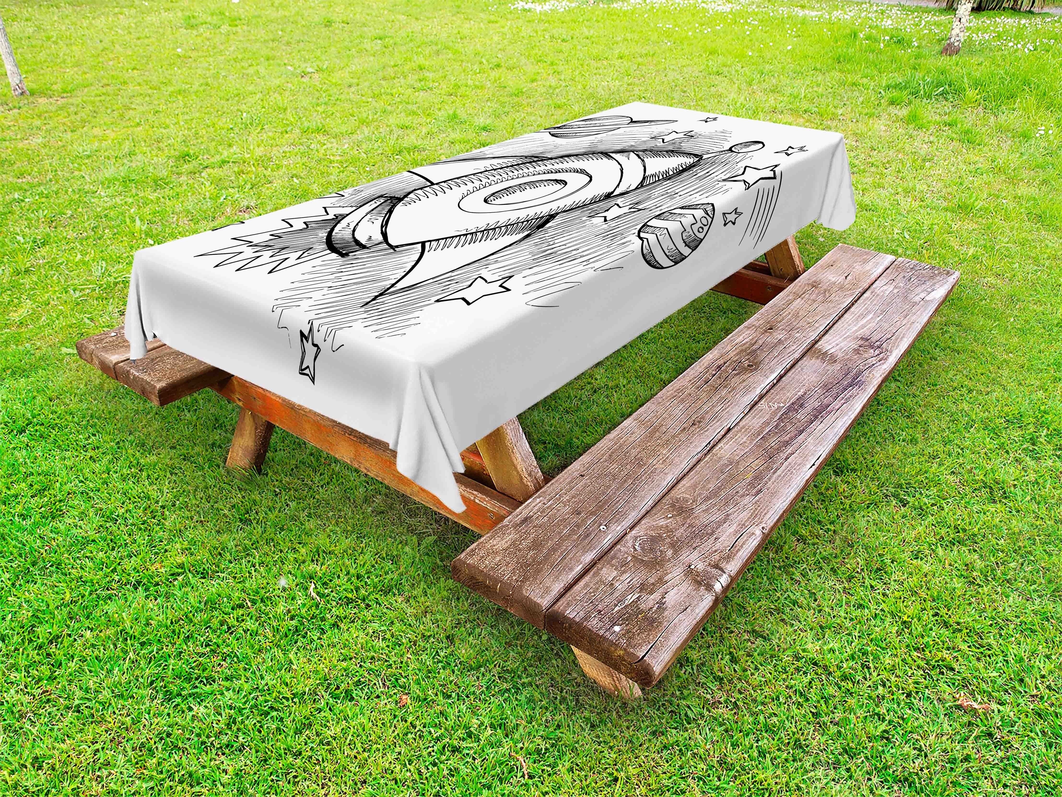 Abakuhaus Tischdecke dekorative waschbare Picknick-Tischdecke, Skizze-Kunst Rocket-Planeten und Sterne