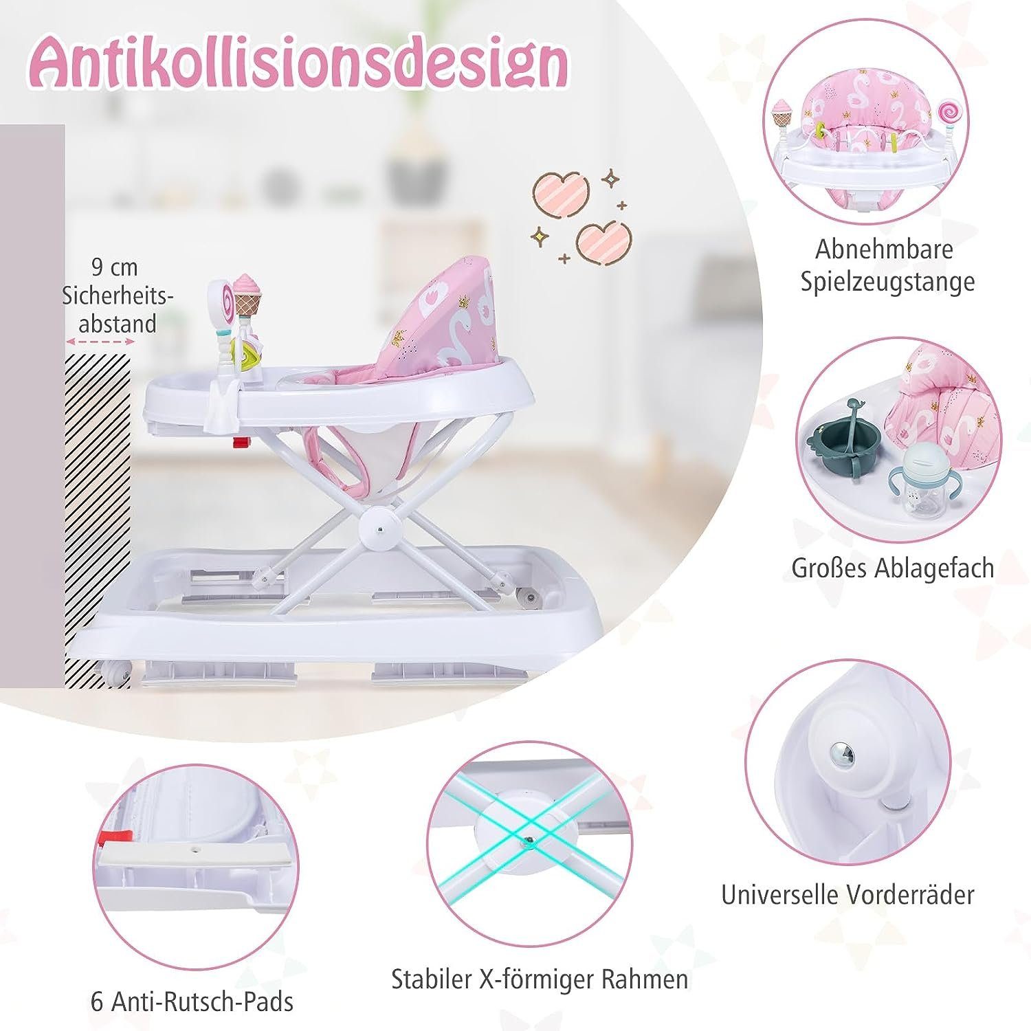 KOMFOTTEU Lauflernhilfe Baby-Walker, mit Monaten für Spielzeugen von 3 6-36 Babys & Rädern, rosa