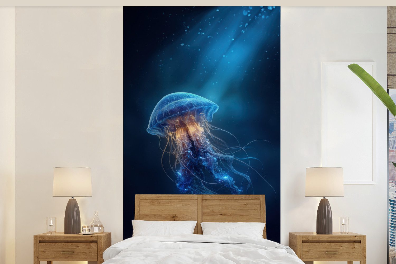 MuchoWow Fototapete Qualle - leuchtend - Tentakel - blau, Matt, bedruckt, Vliestapete für Wohnzimmer Schlafzimmer Küche, Fototapete, 120x240 cm