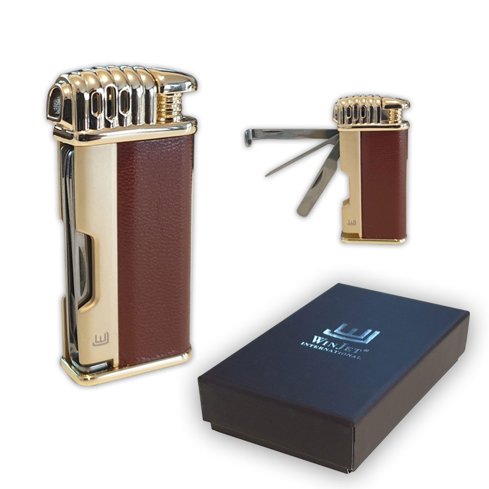 Coumo Feuerzeug Pfeifenfeuerzeug "Davos" Set, Schrägflamme, Pfeifenbesteck Werkzeug, Verchromtes Metallgehäuse mit Oberfläche in Lederoptik