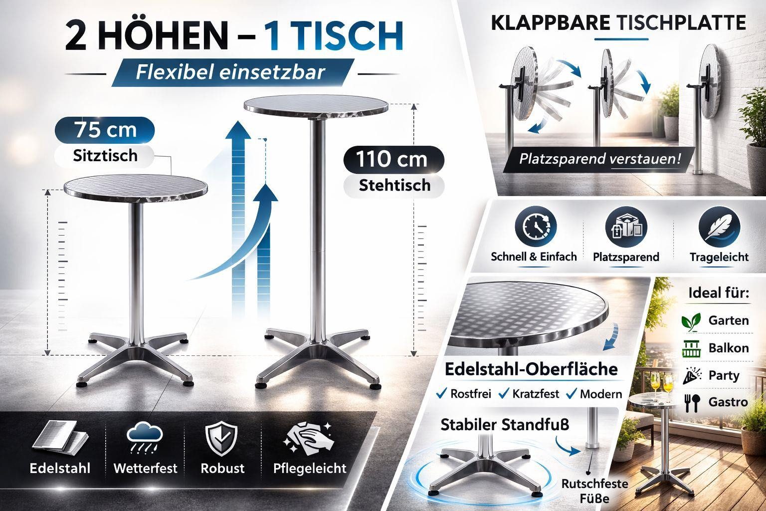 ESTEXO Beistelltisch Stehtisch Bartisch Bistrotisch höhenverstellbar klappbar Aluminium P